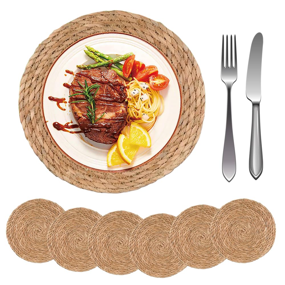 Round Woven Placemats Set of 6/8, 30cm Round Placemat, Natural Rattan PlacematS, Wicker Placemats for Dining, Kitchen Table, Home, Party, Wedding, Restaurant, Gold