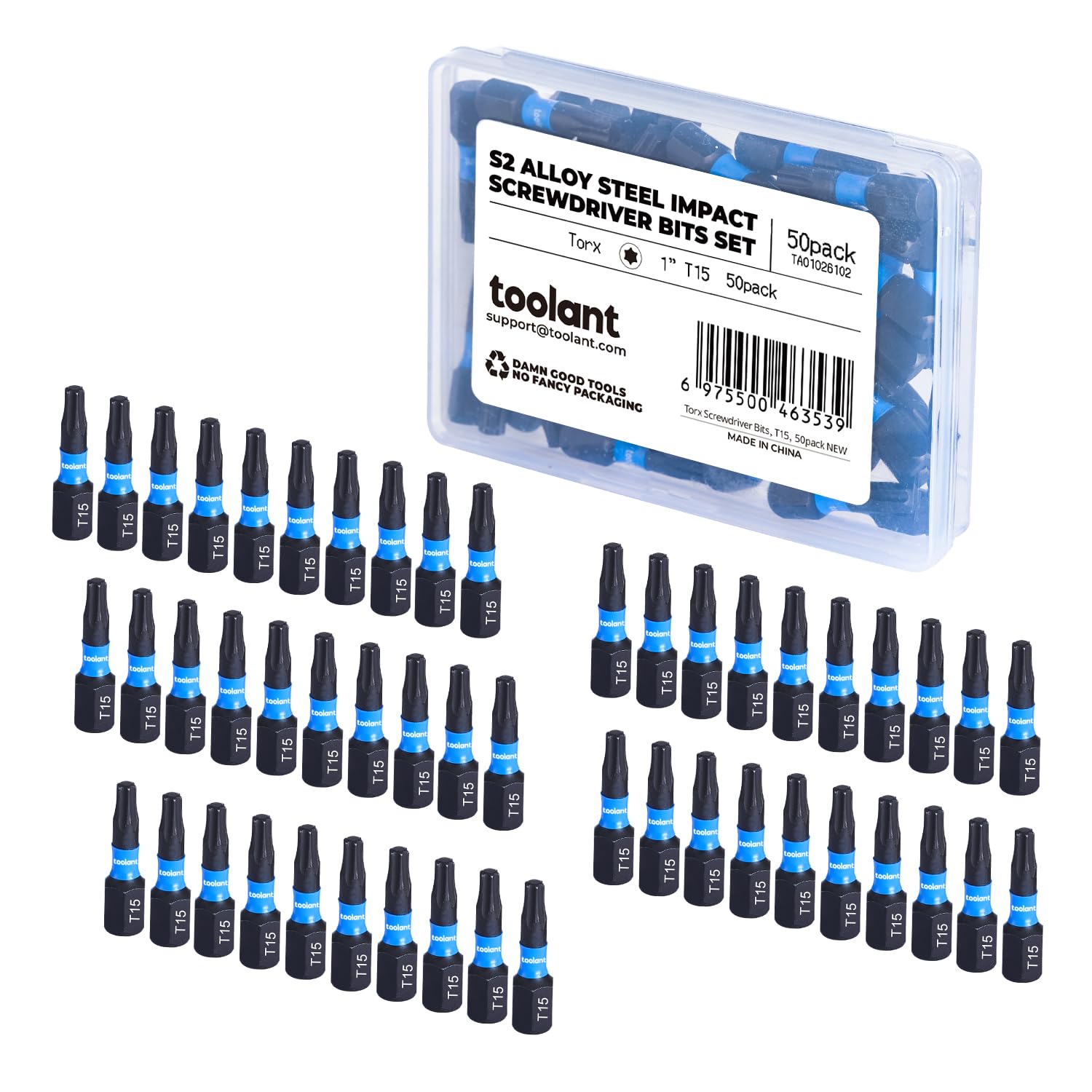 Toolant 1' Impact Torx Bits 50 Pack (T15), 1/4' Hex-Shank S2 Steel Screwdriving Star Bits, CNC Machined Tips, with Storage Box