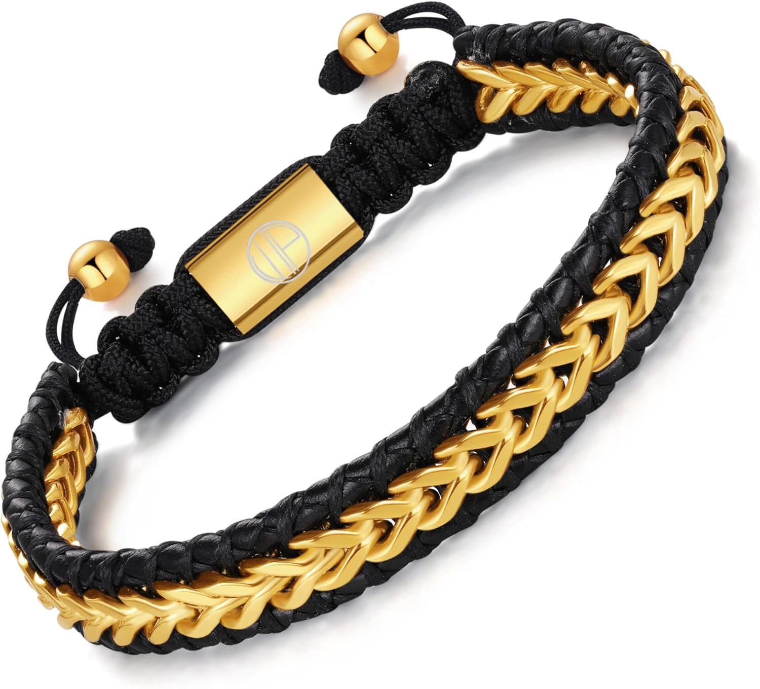 Genuine Leather Bracelets for Men, 18K Gold Plated Franco Stainless Steel Mens Bracelet Handmade Braided Adjustable Men Leather Bracelet Cuff Birthday Gift