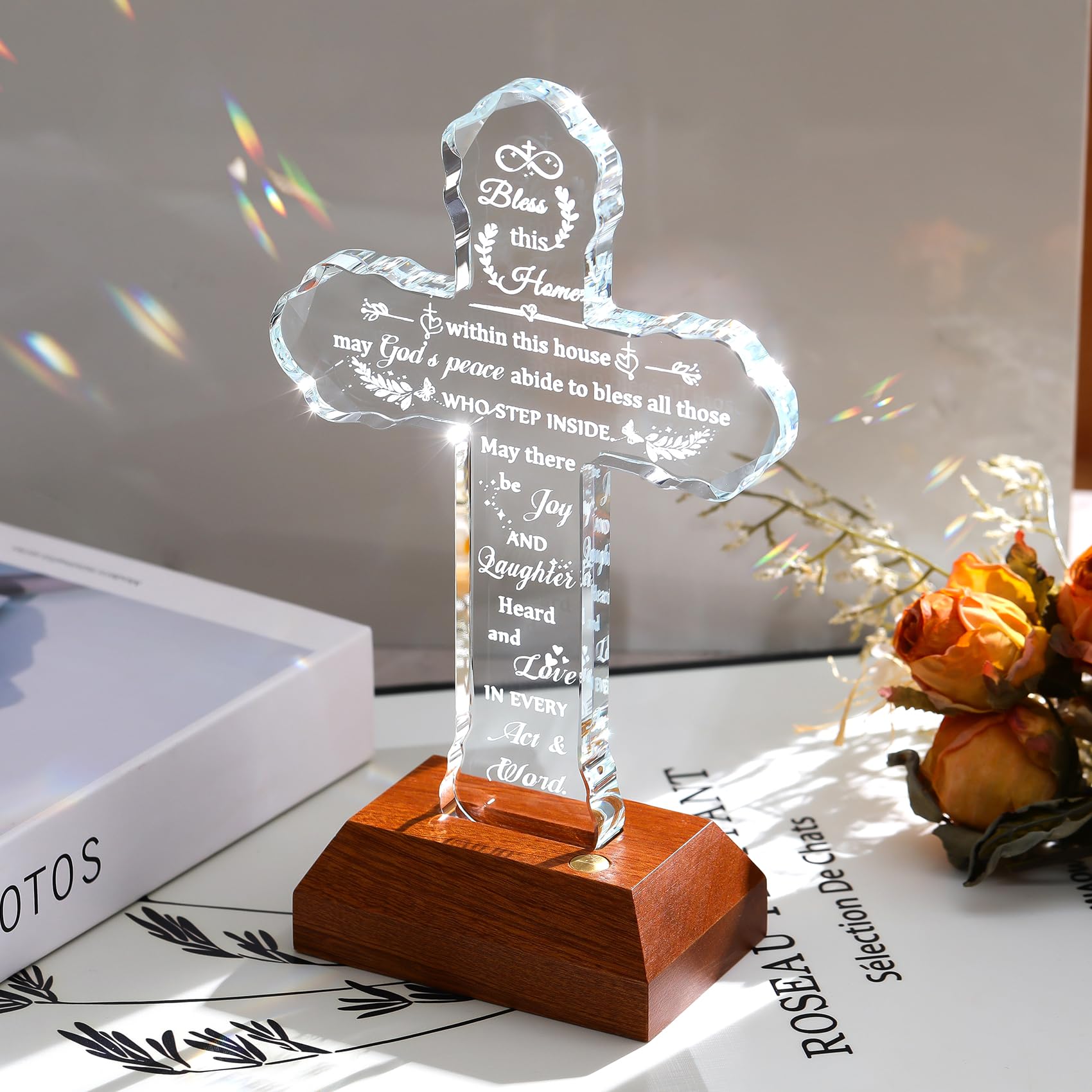 Ornalrist Regalos de inauguración de la casa, cruz de cristal con base LED colorida, bendición religiosa de inauguración de la casa, ideas de regalo para nuevos propietarios de viviendas, mujeres y