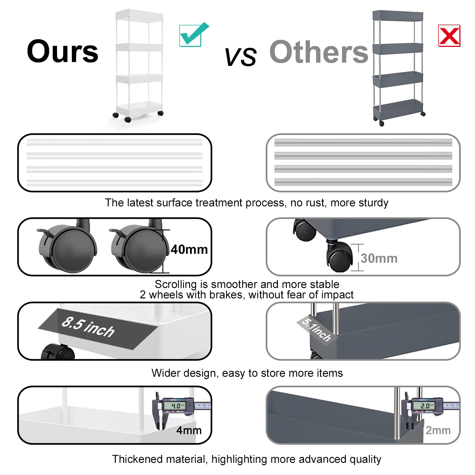 Cucn Slim Storage Cart, 4 Tier Bathroom Storage Cart with Wheels Slide