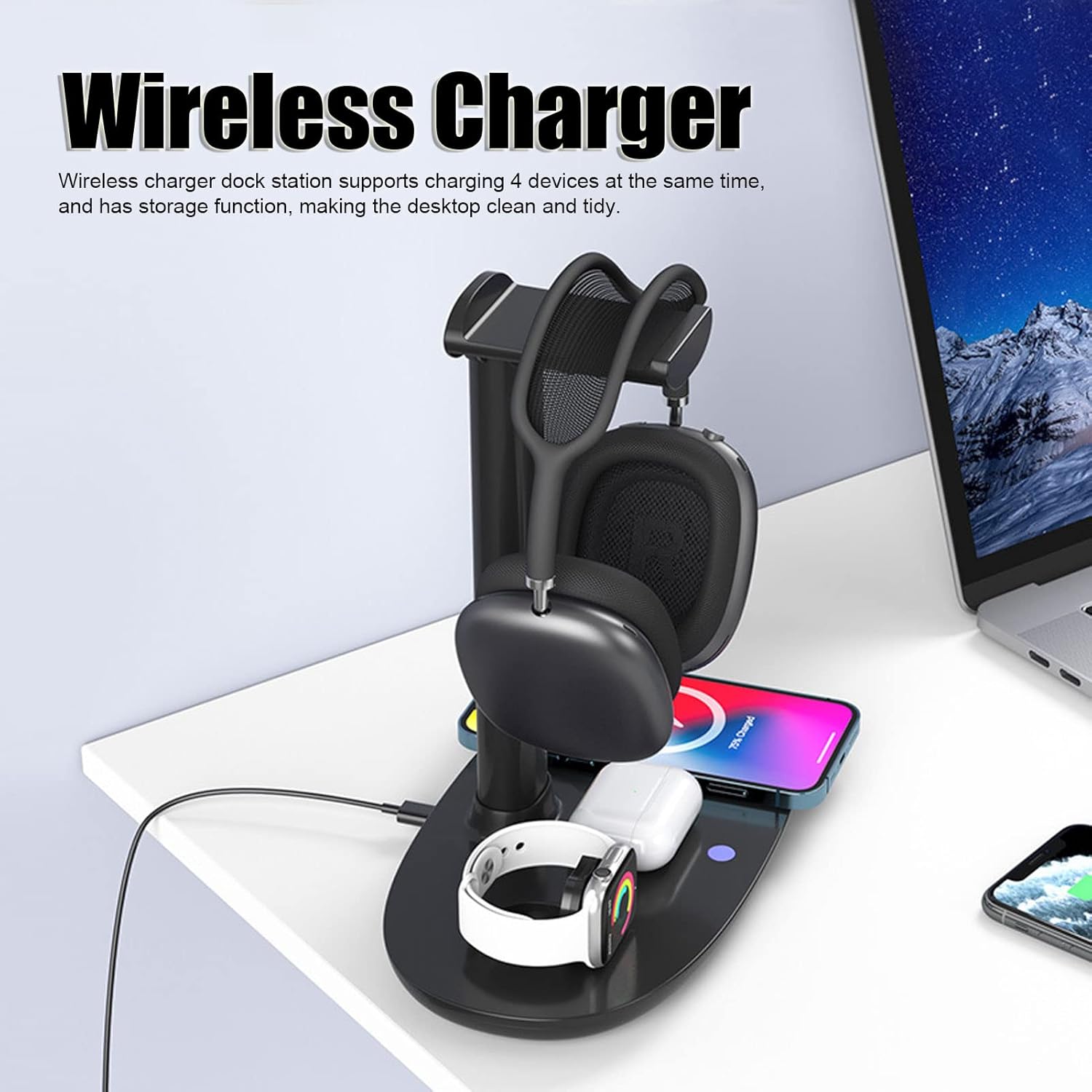 Headset Stand, Wireless Charging Stand, 4 in 1 Charging Station Suitable for Mobile Phones, Headphones, Watches and Headphone Hangers - Image 2