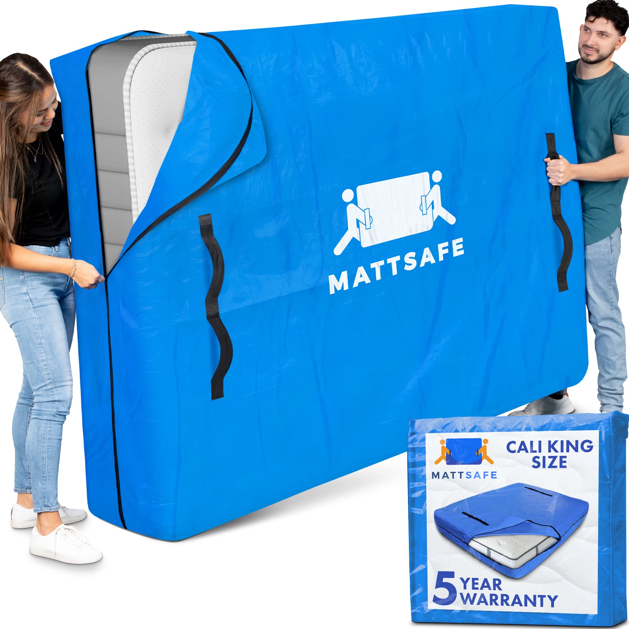 MattSafe Mattress Bags for Moving and Storage (Cali King Size) - Mattress Cover for Moving - Heavy Duty, 8 Handles and Strong Zipper Closure - Mattress Storage Bag - Moving Supplies & Moving Bags