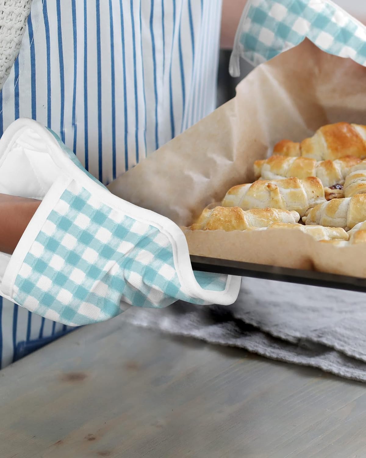 Pot Holders with Pockets, Heat-Resistant Hot Pads for Kitchen, Rural Style Cyan Lattice Oven Mitts Pot Holders Sets Potholders for Baking Cooking Pack of 5
