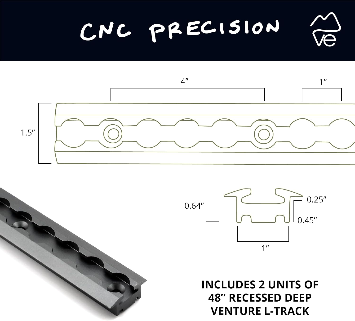 VanEssential 48" Venture Track T-6 Aluminium L-Track Gray Anodized (Recessed Deep HD 1/2 inch) - 2 Pack