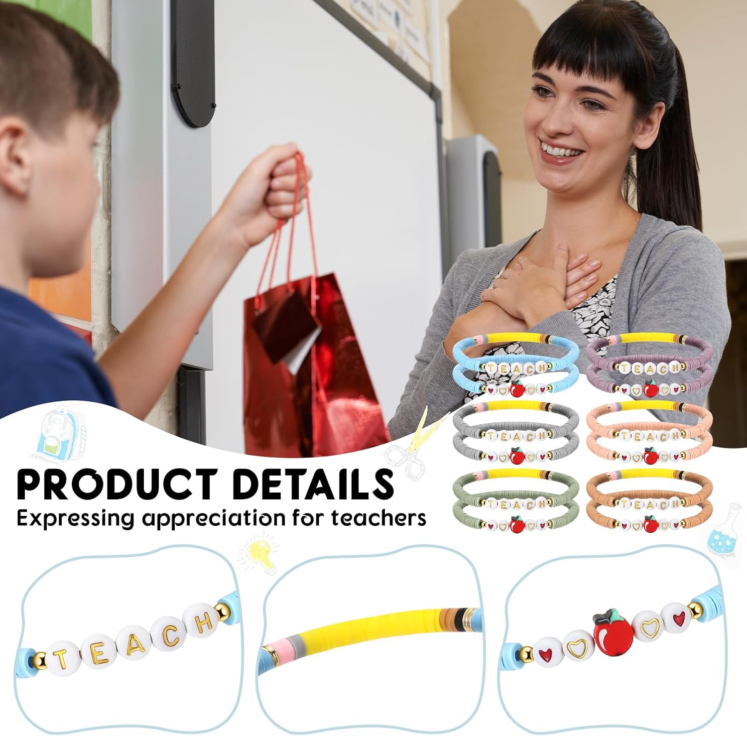 Landical 12 or 24 Pcs Teacher Appreciation Gift Bracelet Valentines Women Teacher Bracelet from Student Birthday(24 Pcs) - Image 3