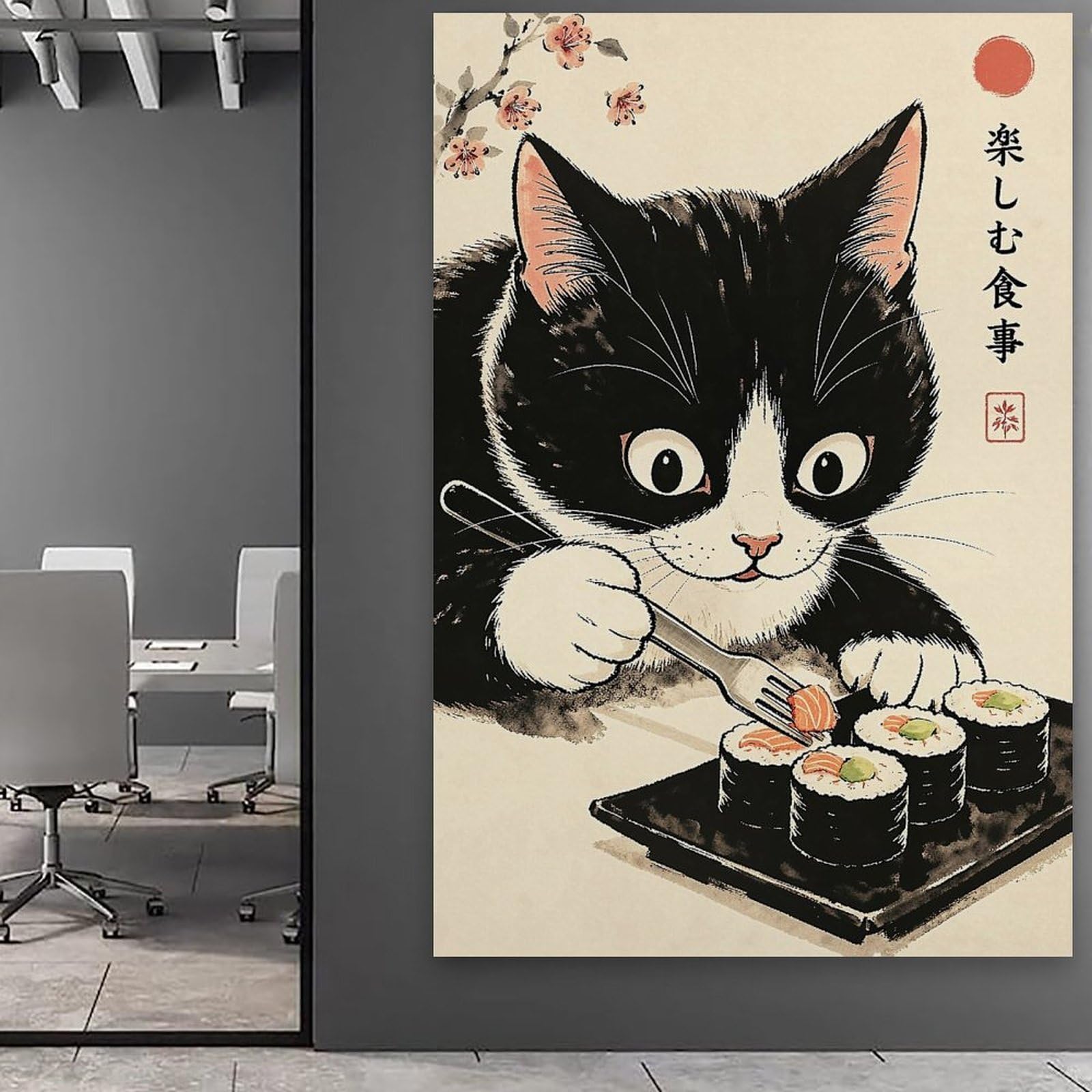 Lienzo decorativo para pared con diseño de gato sushi inspirado en Japón, póster de gato kawaii en blanco y negro, diseño de gatito comiendo sushi para cocina, comedor, decoración para amantes de los