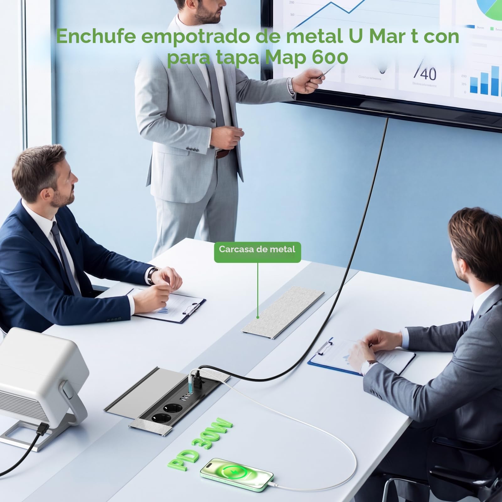 Enchufes Empotrable Mesa con USB C PD30W, Enchufe Empotrable con 4 USB HDMI RJ45, Regleta Empotrable con Tapa para Escritorio, Cocina, Oficina, Cable de 2 m, 2400 W/10 A