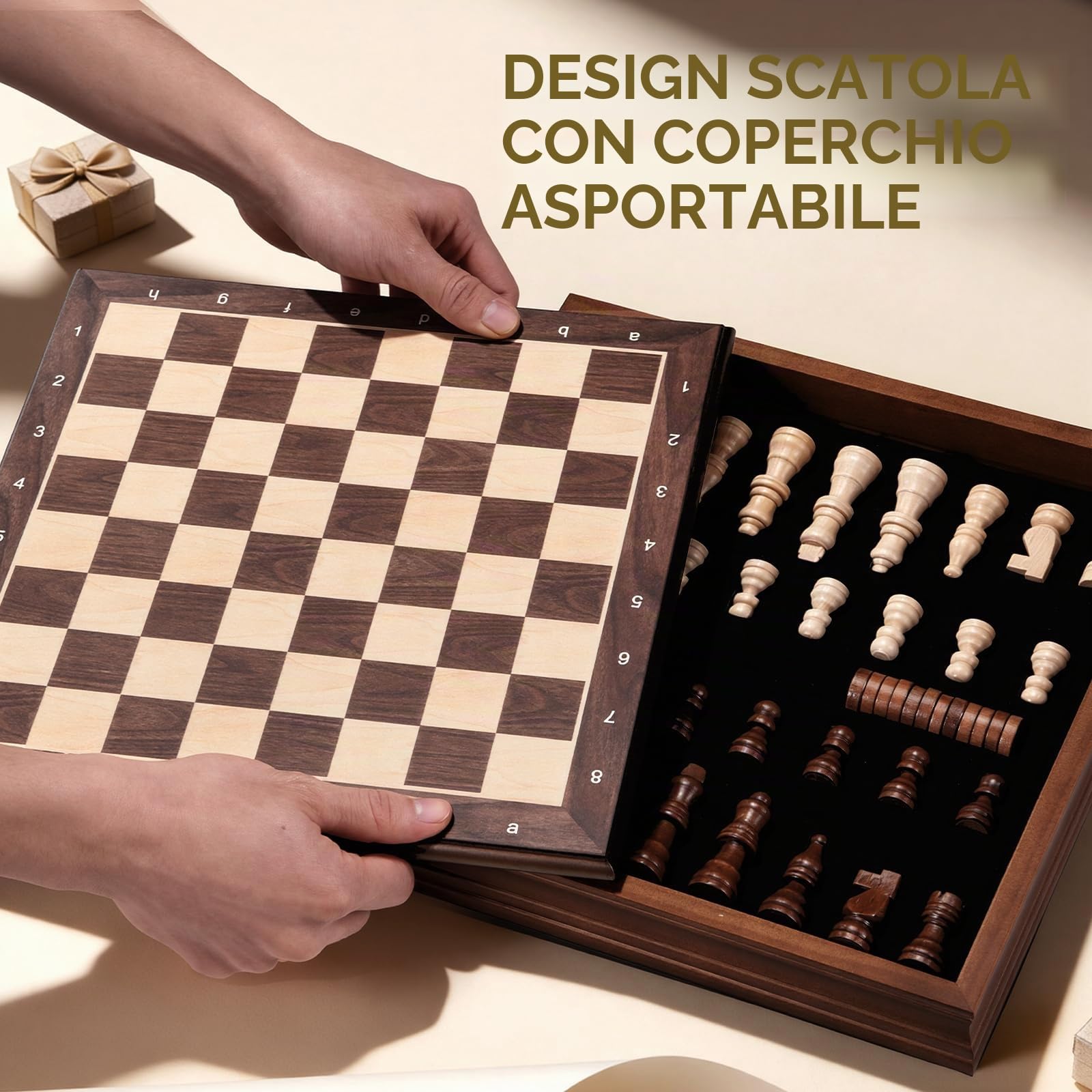 Peradix Magnetico Scacchiera in Legno con Coperchio Amovibile, Gioco di Scacchi e Dama 2-in-1 con Pezzi, Regalo Tradizionale per Adulti e Bambini
