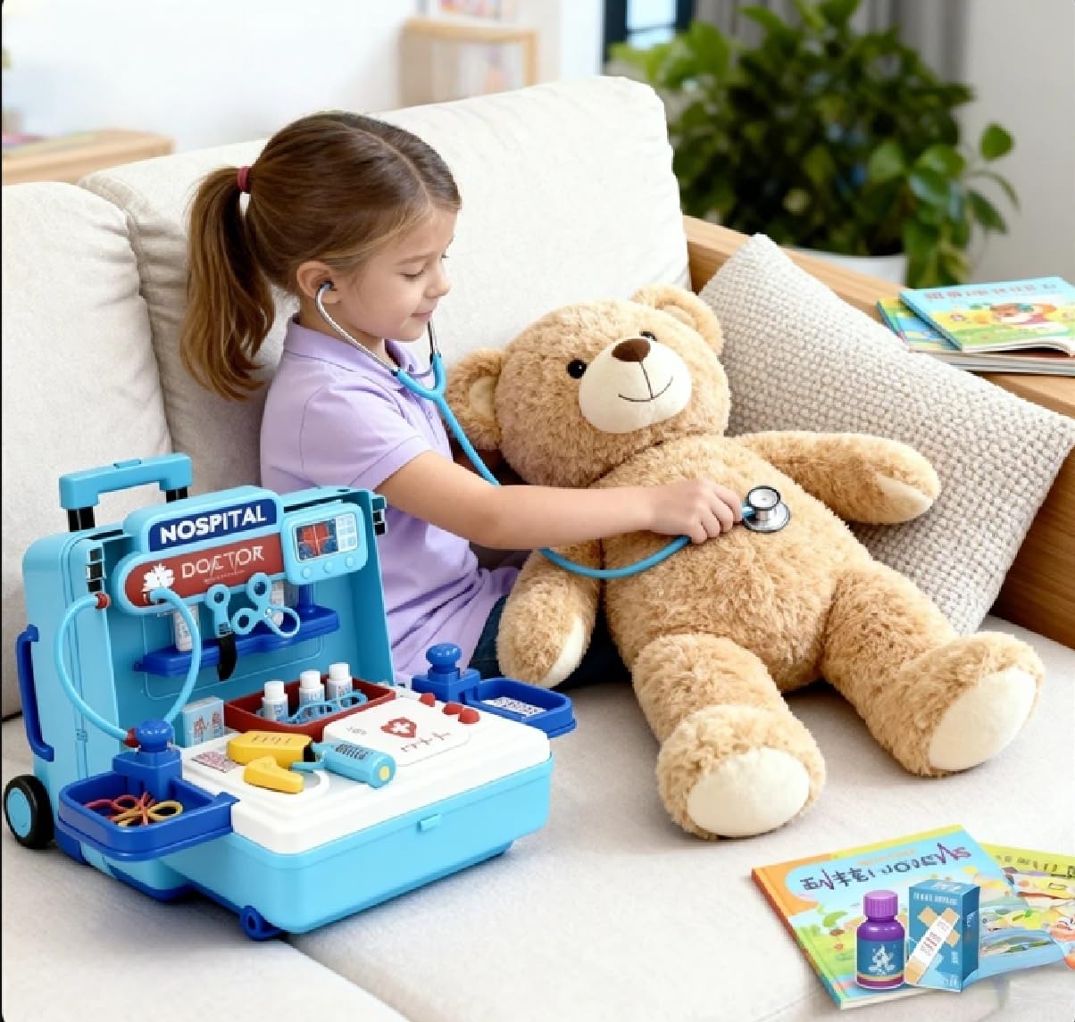 Serena & Jewel - Kit medico per stazione medica di simulazione per bambini, set 2 in 1, kit medico con tavolo e carrello