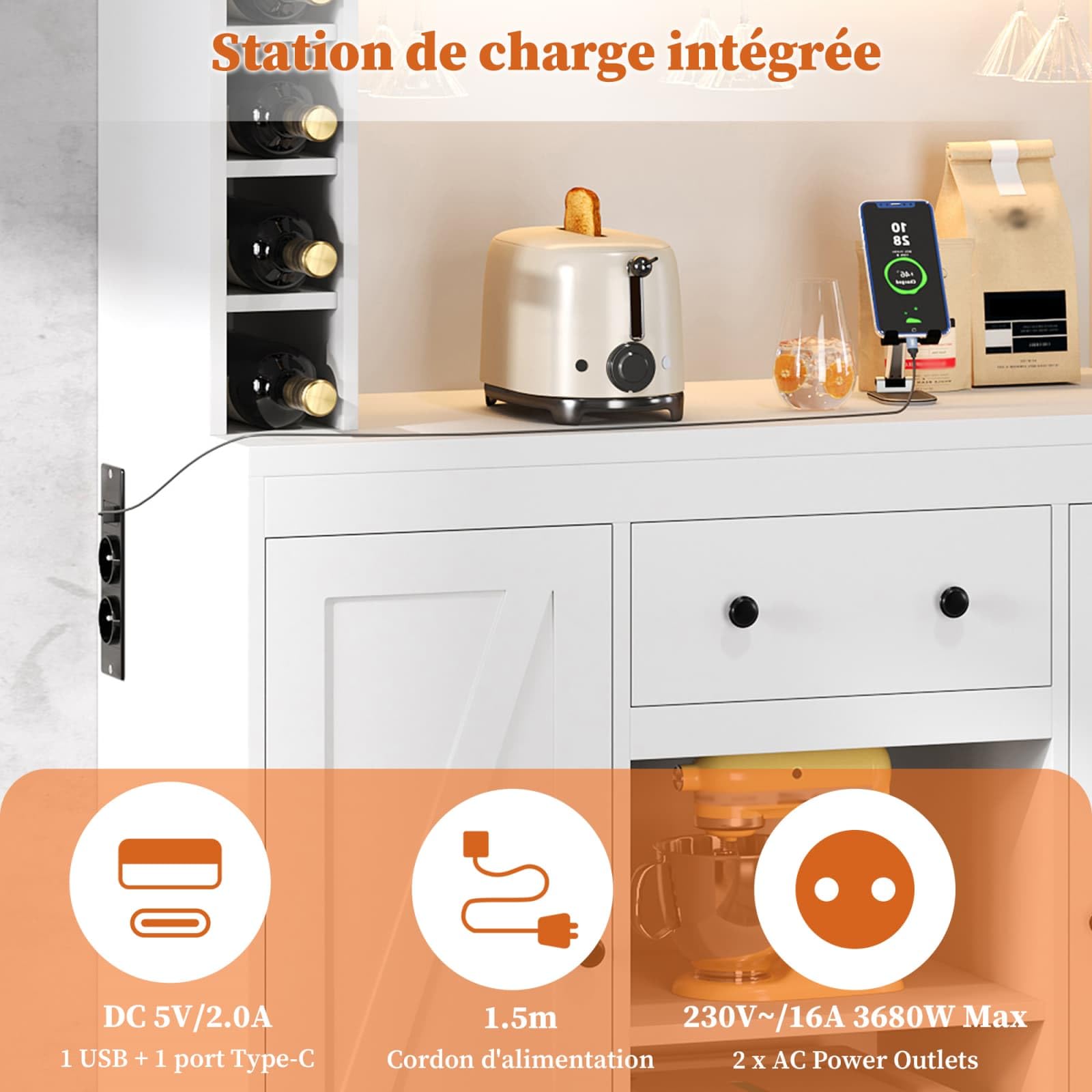 Sweiko Meuble de Cuisine avec Porte-Verres et Cave à Vin, Buffet Haute avec Prises et USB, Sideboard multifonctionnelle avec LED Intelligent, Plan de Travail