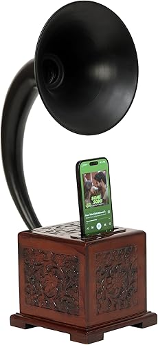Gramophone - Altavoz acústico Amplificador de teléfono inteligente no eléctrico estilo vintage, soporte y base para iPhone con acabado negro