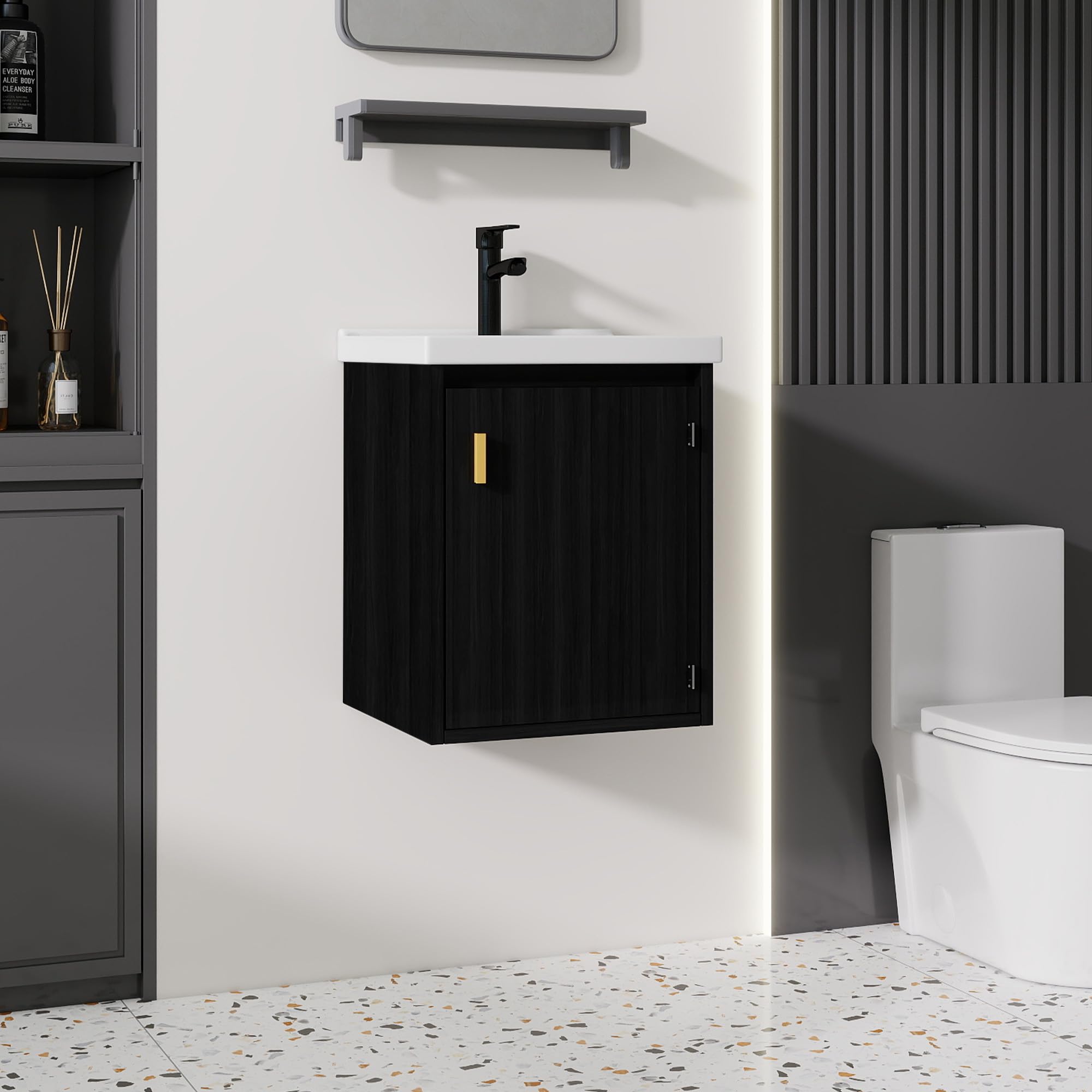 Albriya 16 inch Floating Wall-Mounted Bathroom Vanity in Black Walnut