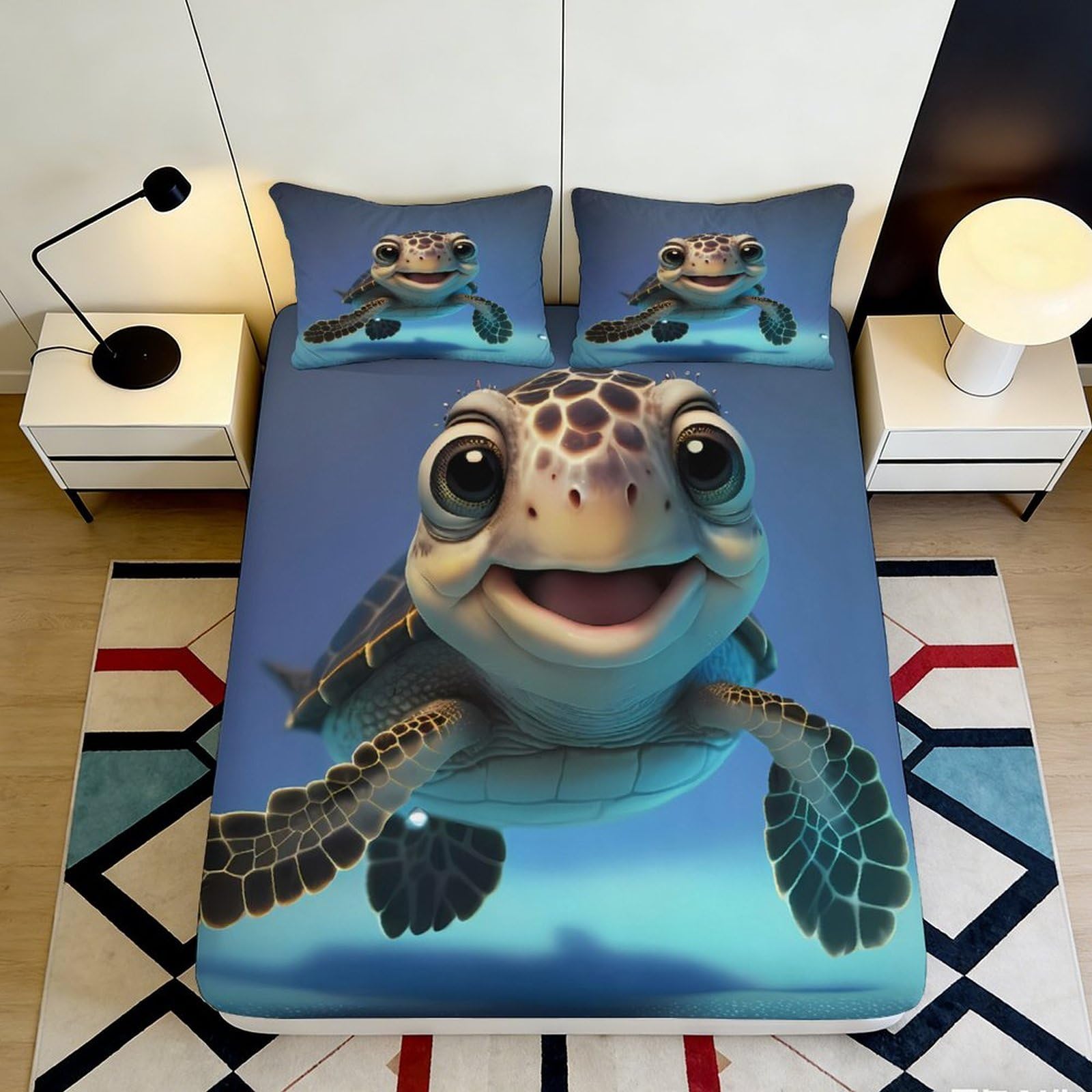 3D Printed Sea Turtle Fitted Sheet Microfiber Soft Blue Ocean Cartoon Mattress Cover for Bedroom Dorm Room Decor 120x200x25cm