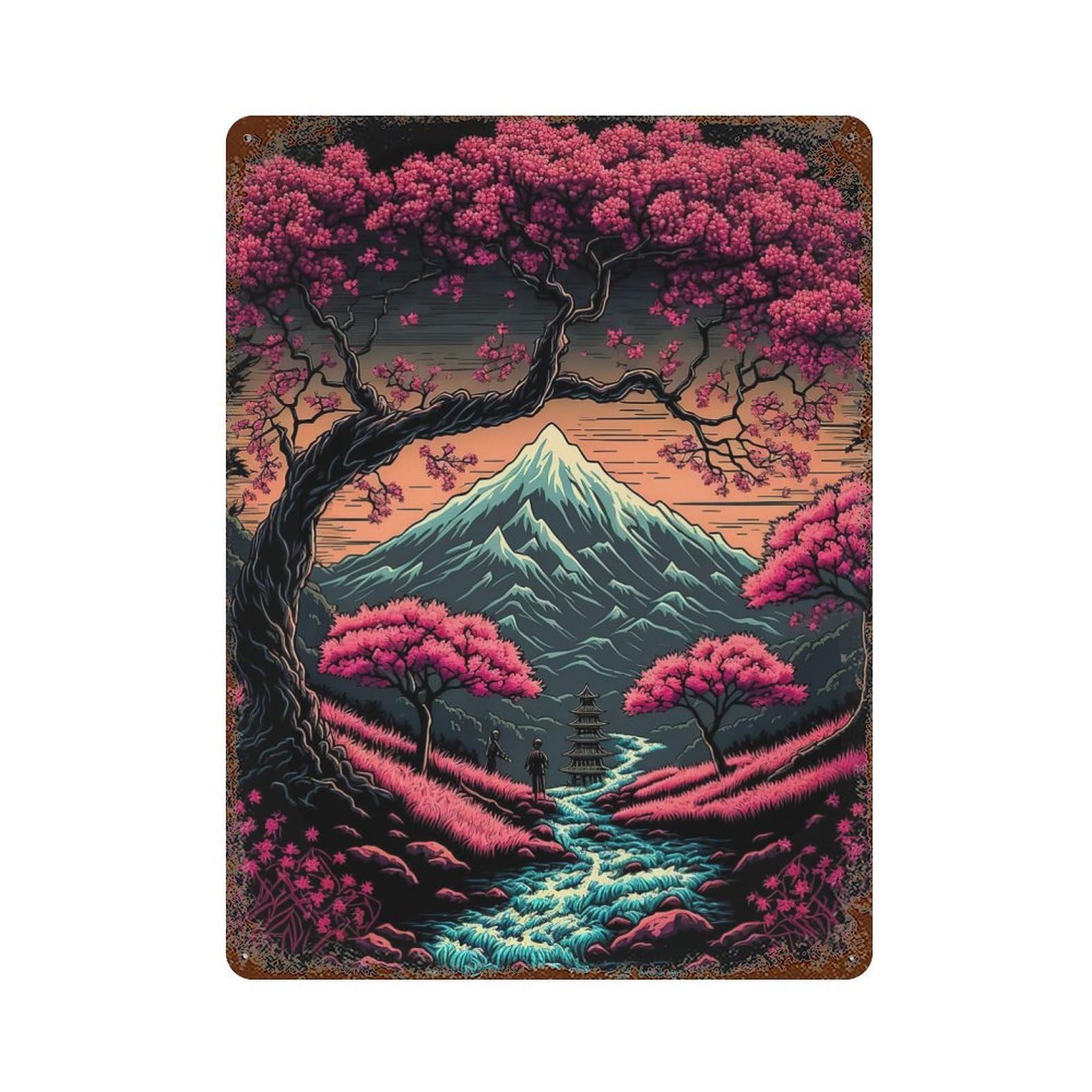 Cherry Blossom Japan Magi Decorative Tin Sign 15.7"x11.8", Vintage Wall Decor for Basement, Hobby Room And Garage Decor