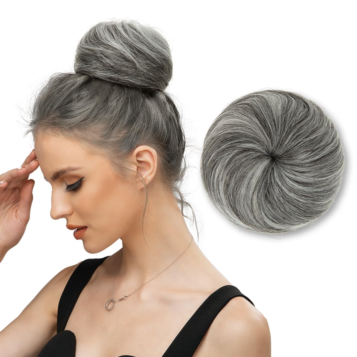 SARLA Hair Bun Extension Synthetic Drawstring Updo Fake Ballet Bun for Women Lady Donut Chignon Dark Grey