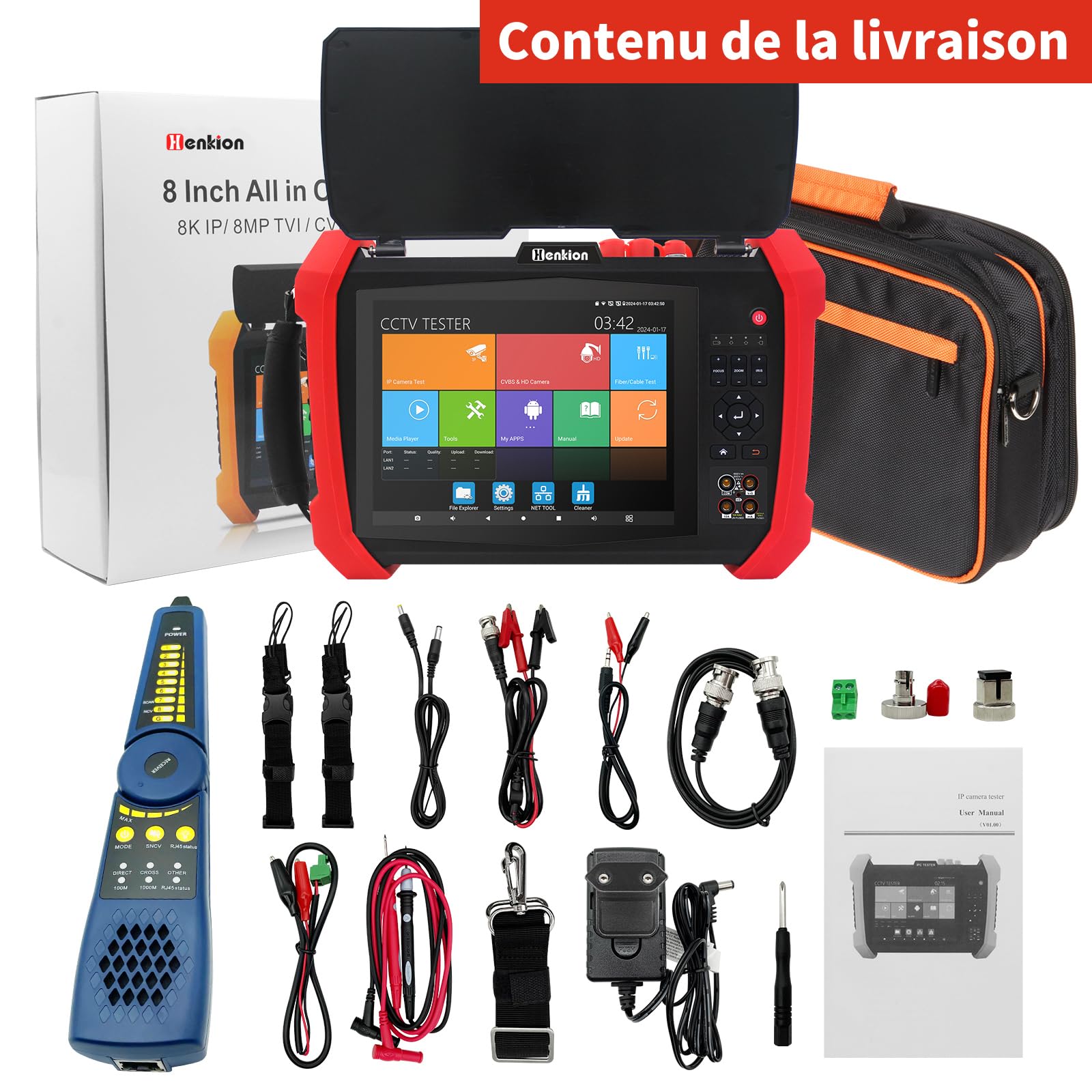 Henkion Testeur IPC CCTV H20-MOVTADHSEF 8K 32MP 12MP IP Caméra Test POE++ Max 90W HD Testeur de caméra 8MP TVI/CVI/AHD/SDI/CVBS DMM TDR WiFi Outils de réseau RJ45 Testeur de câble 2CH SFP Port HD VGA
