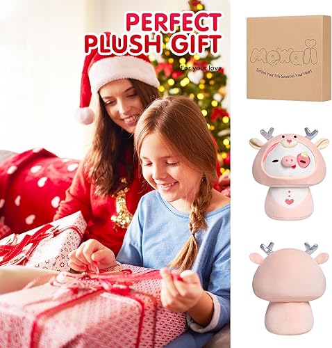 Miniatura 6 de Mewaii Almohada de peluche de hongos de 8 pulgadas, almohada de peluche de vaca y fresa, almohada suave y esponjosa, lindos animales de peluche de