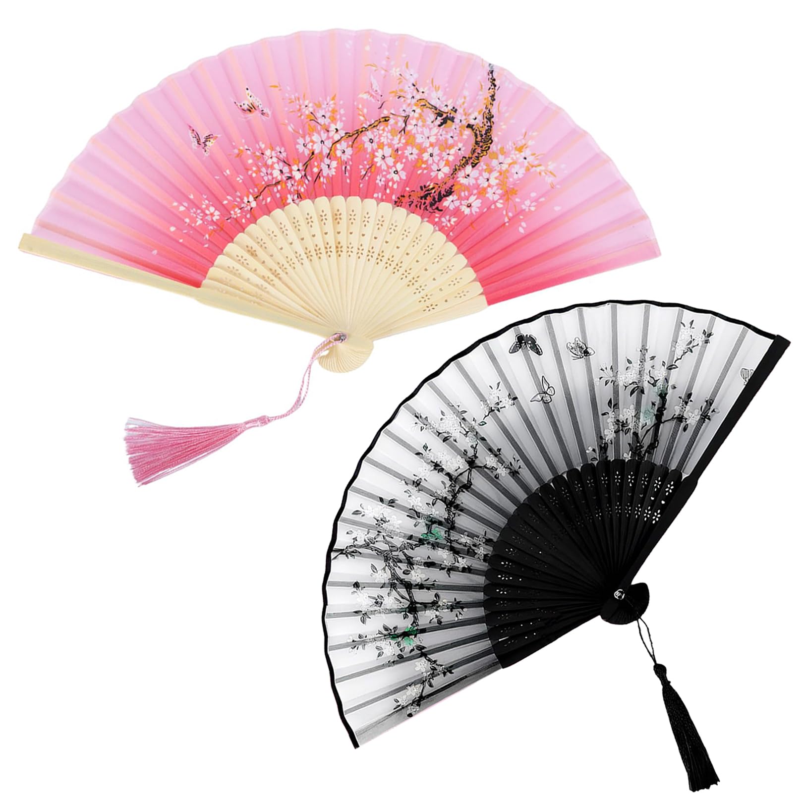 2 Pack Silk Fabric Hand Fans, Chinese Fan & Bamboo Hand Fan Folding, Carved Bamboo Handheld Fan Folding, Portable Folding Fan with Tassel, for Wedding Party Gifts Performance Dancing Home Decoration