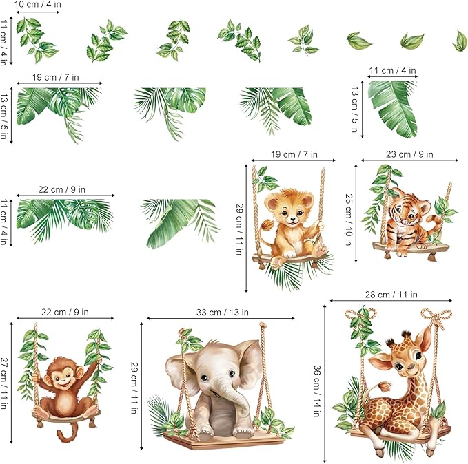 Vinilos Decorativos Pared Infantiles Animales Selva León Elefante Jirafa Hojas 2 Piezas miniatura 2