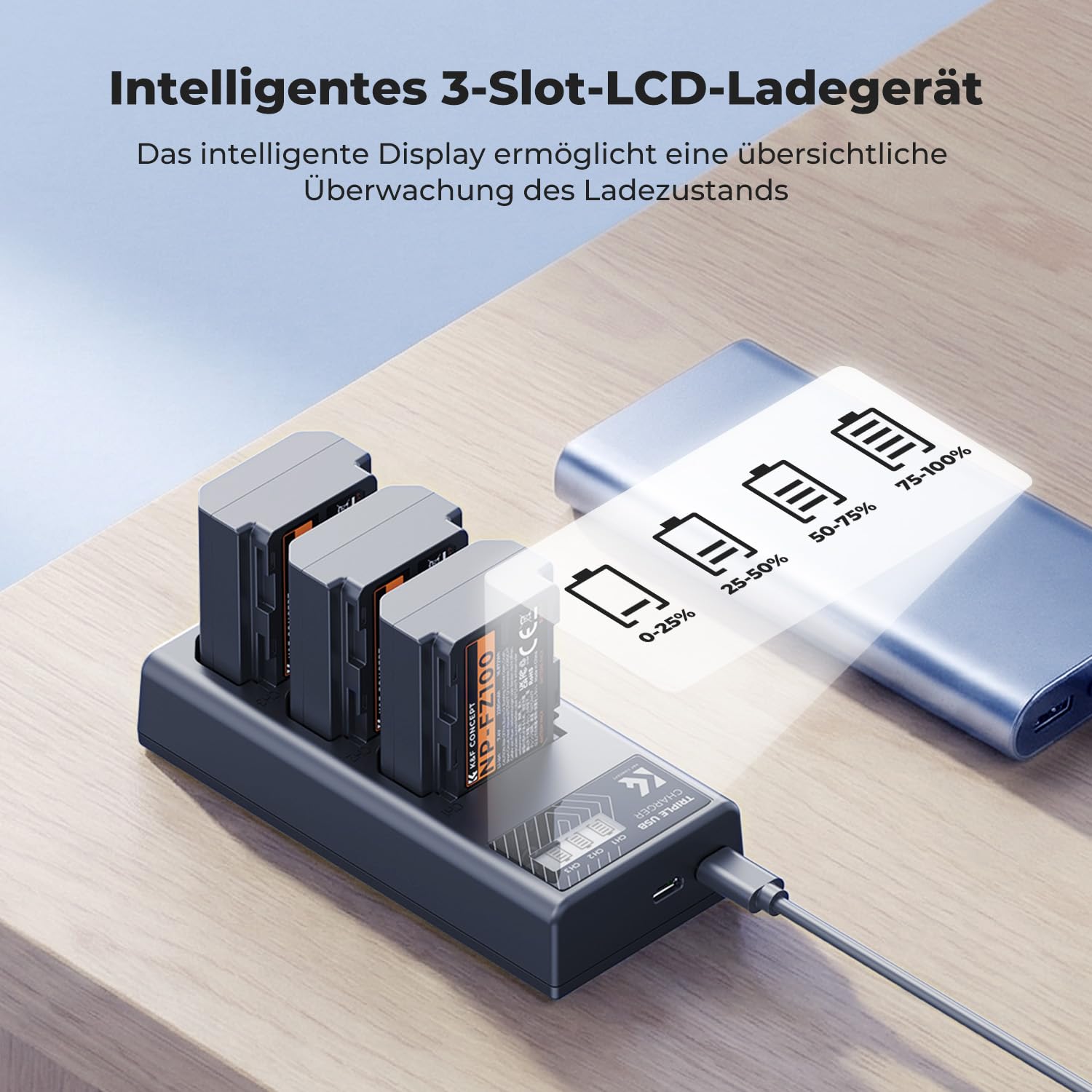 K&F CONCEPT NP-FZ100 Kamera Akkus(3er Pack) mit 3-Slot Ladegerät,2280mAh Batterie für Sony Alpha A7III,A7IV,A7R III/A7R3,A7RIV,A7RV,A7C,A7S III/A7S3,A9,A9II,A6600,A9R,A9R,9S,FX3,FX30,ZV-E1,ZV-E10ii