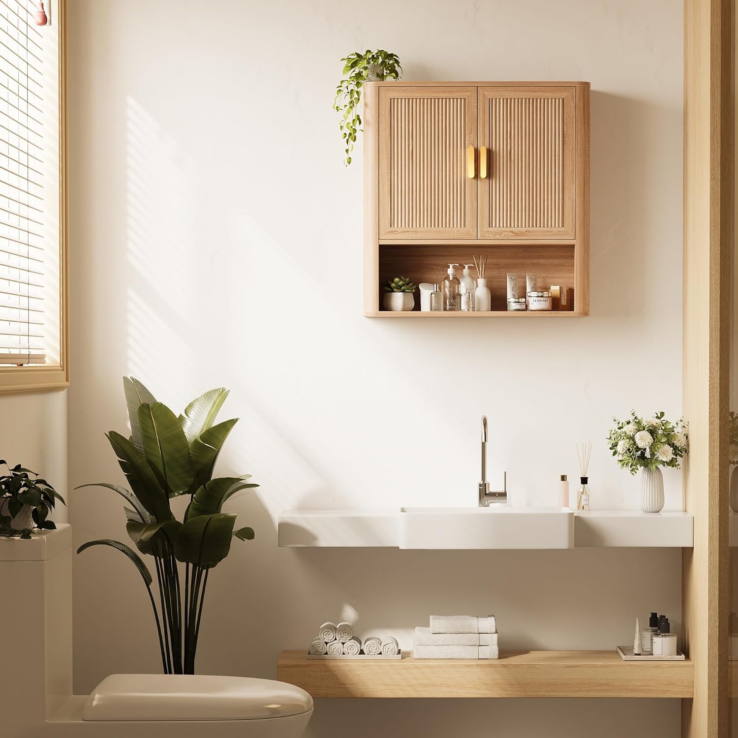 innod bathroom wall storage cabinet, medicine cabinet with adjustable wood shelf & doors, over the toilet storage cabinet for laundry room & living room kitchen storage islands (natural oak)