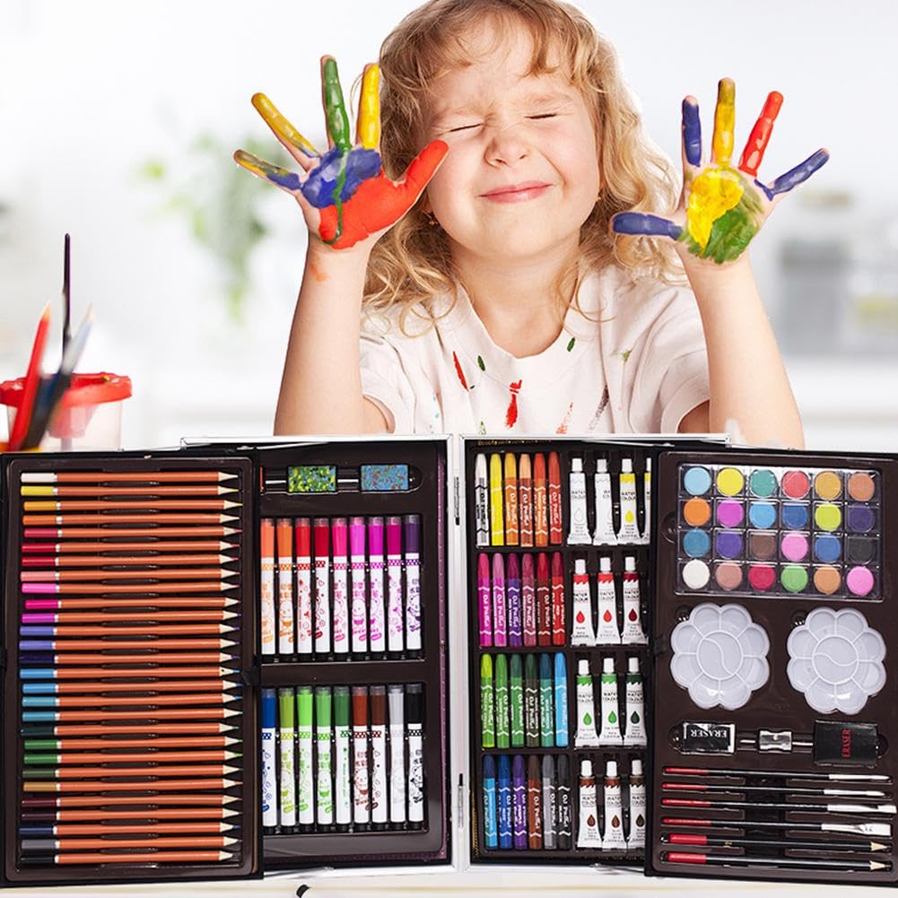 Etui na artykuły artystyczne, 145 sztuk, rękodzieło, malarstwo, kolorowanie, rysunek z podkładką do szkicowania, Deluxe, przenośne warstwy, aluminiowe pudełko prezentowe w stylu wężowej skóry dla