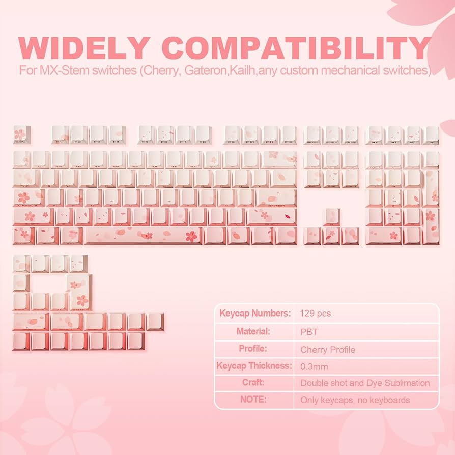 Amazon.com: YUNZII Sakura PBT 鍵帽,131 鍵雙射/染料子雙過程