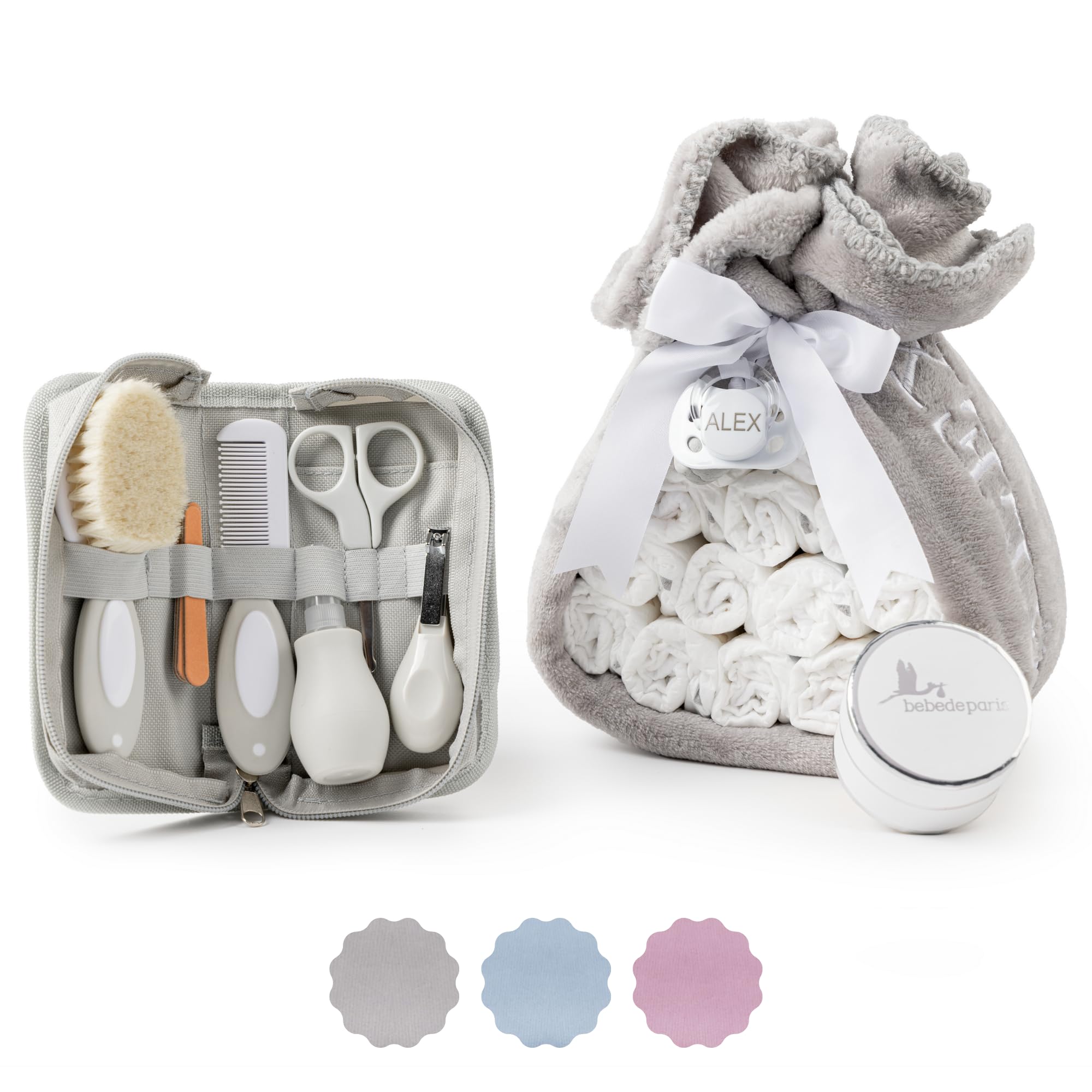 BebeDeParis Gâteau de Couches avec Kit de Toilette Bébé - Couverture Polaire Personnalisée + Tétine Personnalisée + 15 Couches Moltex - Cadeau de Naissance Neutre