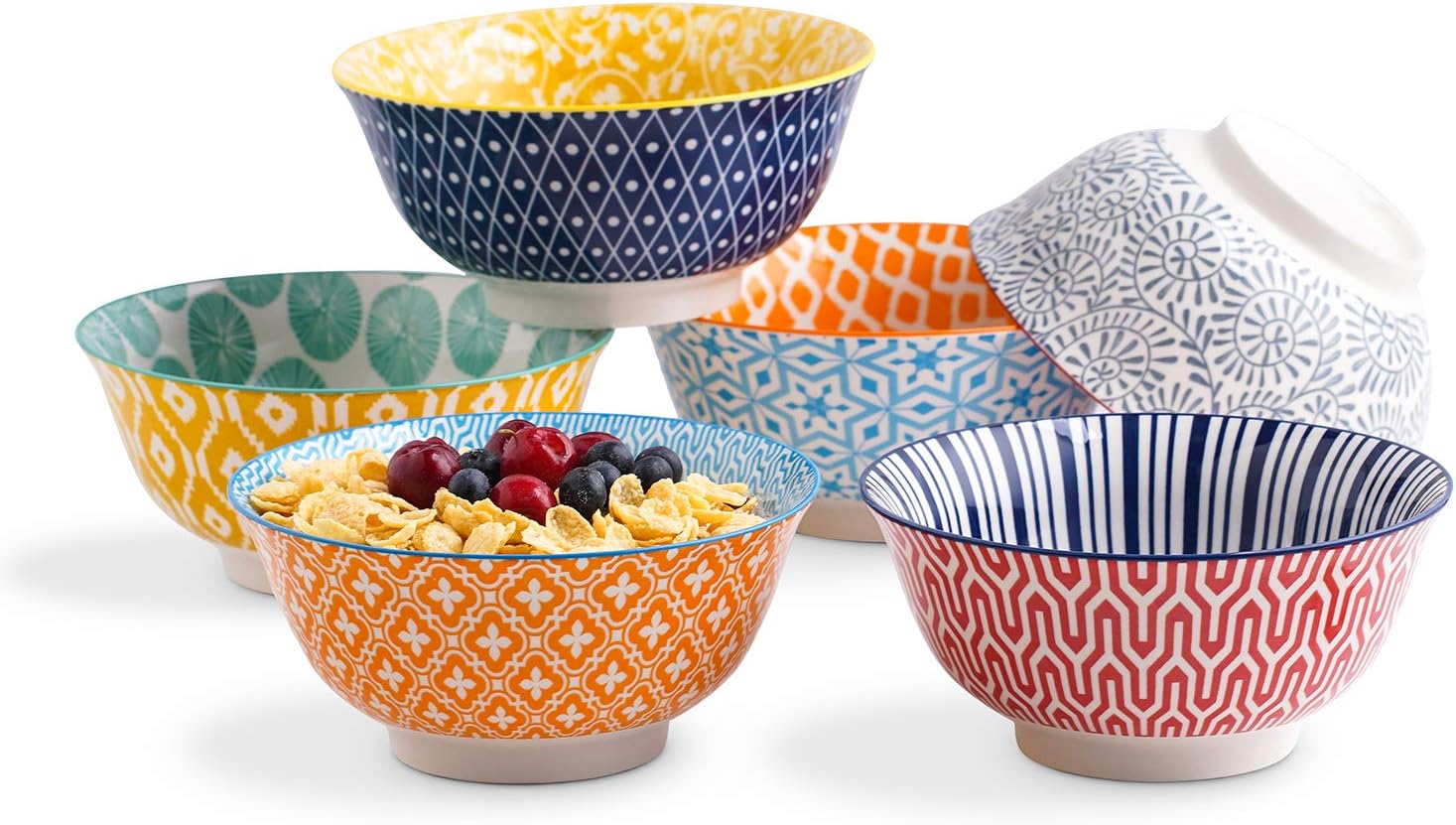 Porcelain 20oz Cereal Bowl Set - Set of 6, 6 inch Soup Bowls, Ceramic bowls for Cereal, Soup, Salad and Pasta, Colorful bowls