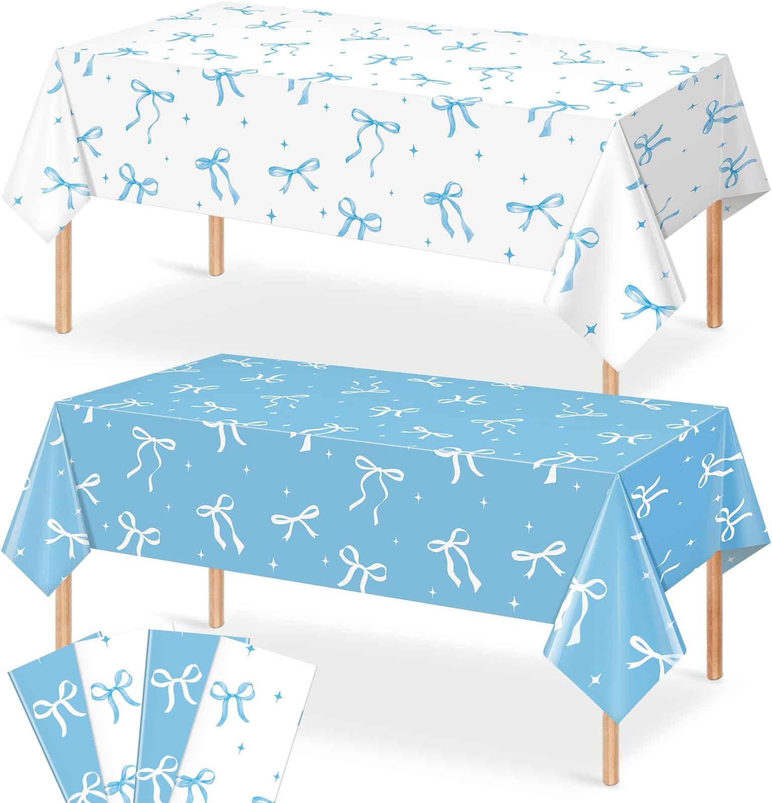 4Pcs Coquette Party Tablecloths Decorations, Blue and White Bow Plastic Table Cover Disposable Rectangle Table Cloth for Kids Birthday Bridal Wedding Baby Shower Party Supplies,54x108 Inch