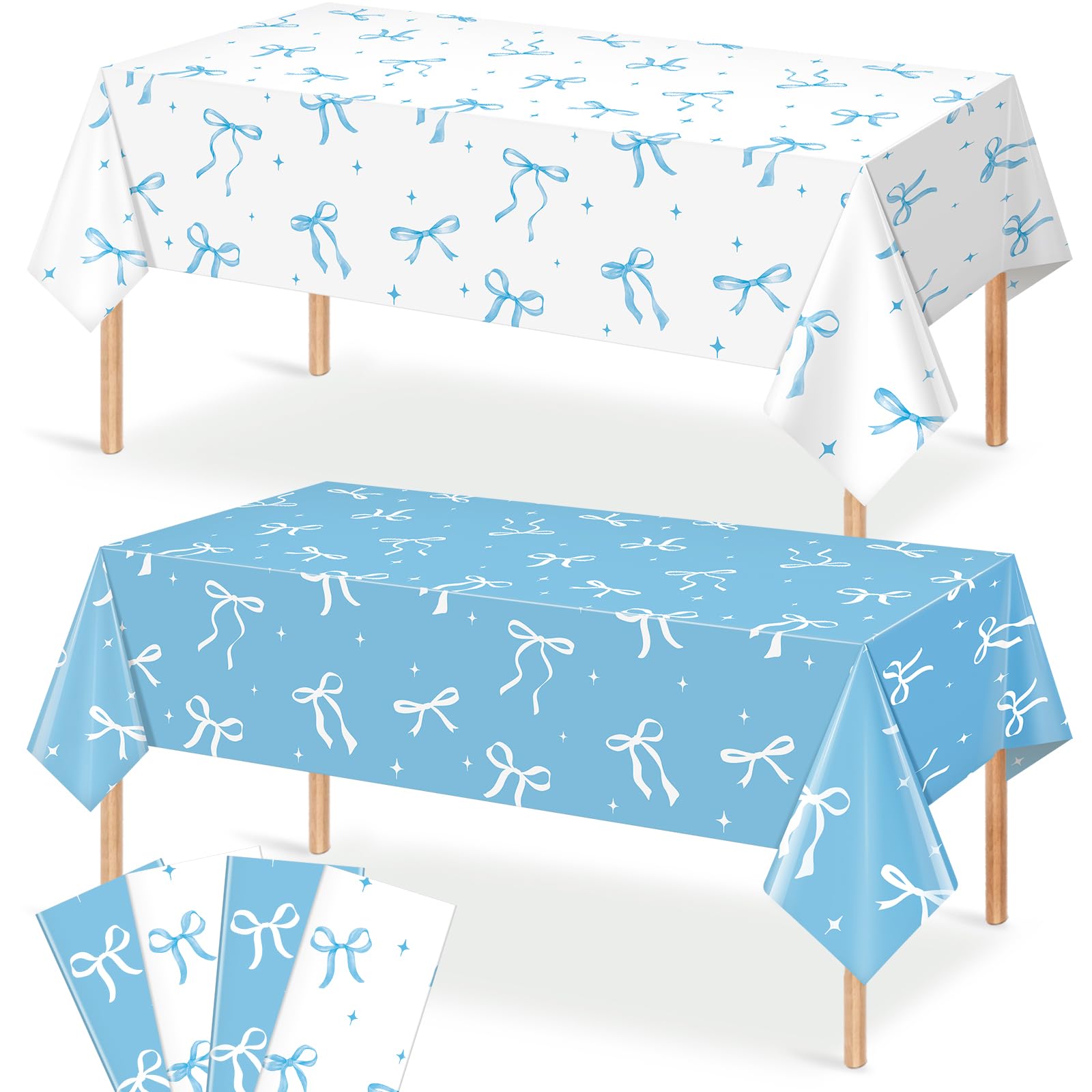 4Pcs Coquette Party Tablecloths Decorations, Blue and White Bow Plastic Table Cover Disposable Rectangle Table Cloth for Kids Birthday Bridal Wedding Baby Shower Party Supplies,54x108 Inch