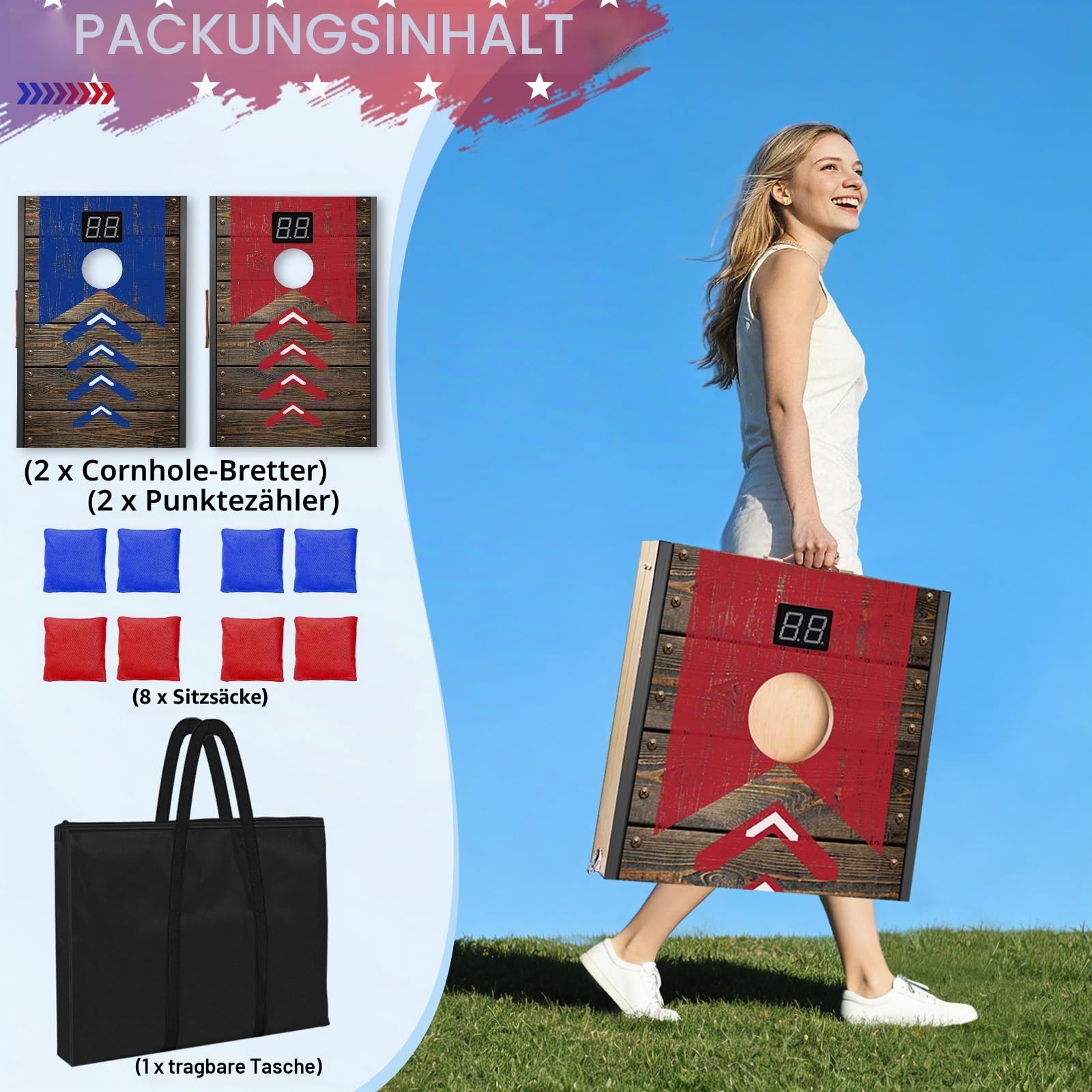 Verbessert 90 x 60 cm Faltbar Cornhole Spiel Outdoor Cornhole Säckchen mit mit Punktesystem,Bohnensäcke & Tragetasche für Hinterhof, Rasen, Strand 2-in-1 Camping Outdoor Spiel Set