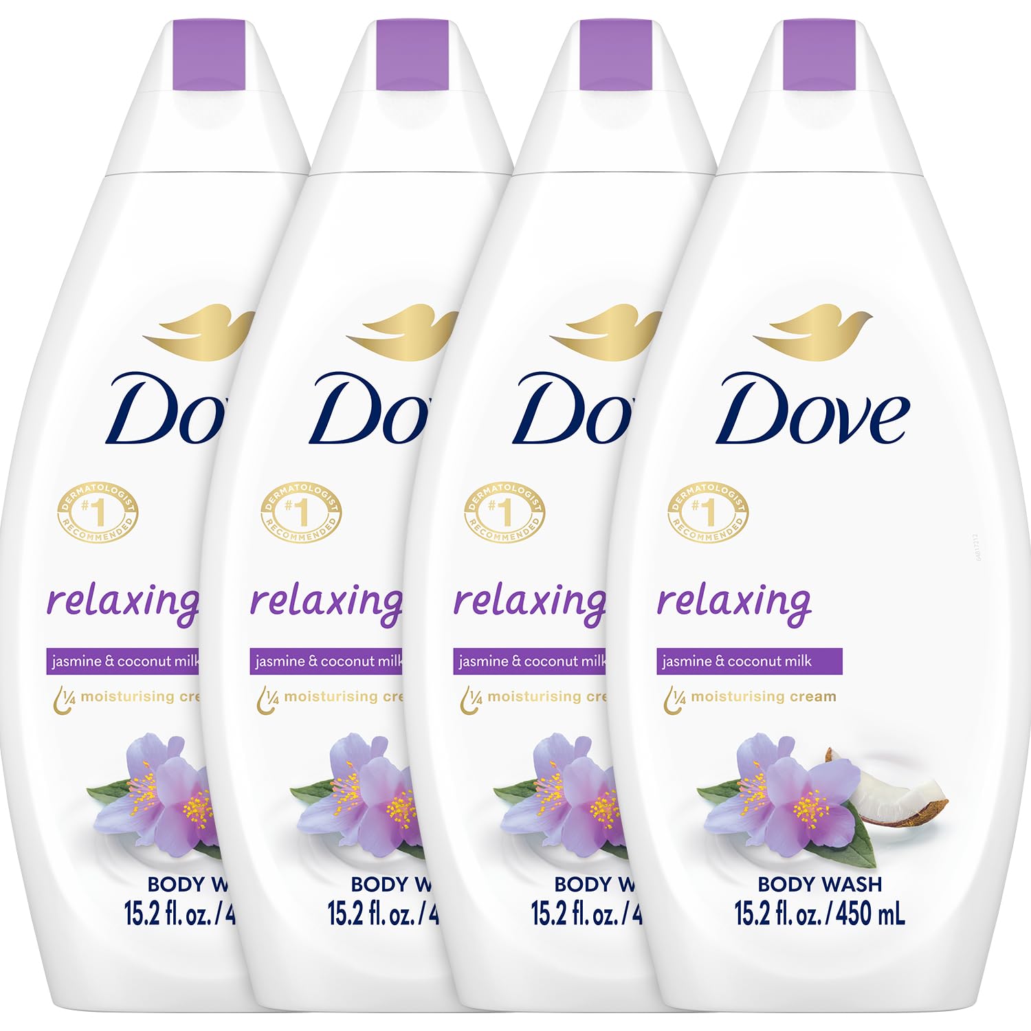 Body Wash Relaxing 4-Pack – Jasmine & Coconut Milk for Softer, Smoother Skin, 15.2 Oz Ea