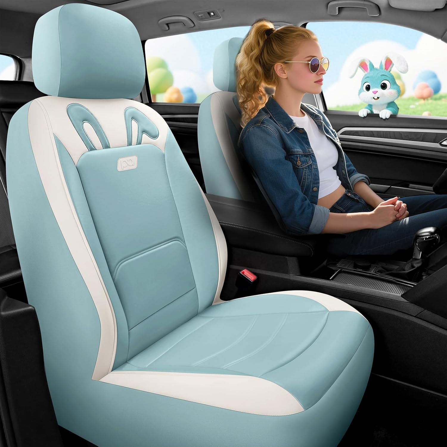 PIC AUTO Car Seat Covers, Cute Rabbit Premium Blue Leather Seat Covers, Universal Fit Front Seat Covers for Cars, Trucks, SUVs, Soft & Wear-Resistant Auto Interior Protection with Airbag-Compatible