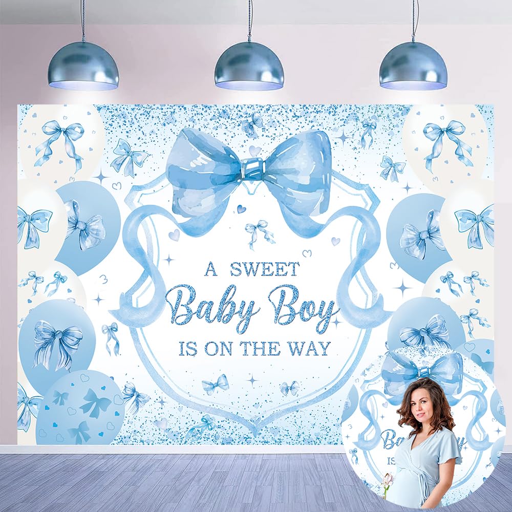 Blue Bow Baby Shower Backdrop for Boys 7x5FT A Sweet Baby Boy is On His Way Banner Background Welcome Baby Boy Baby Shower Party Decorations Supplies Photo Props