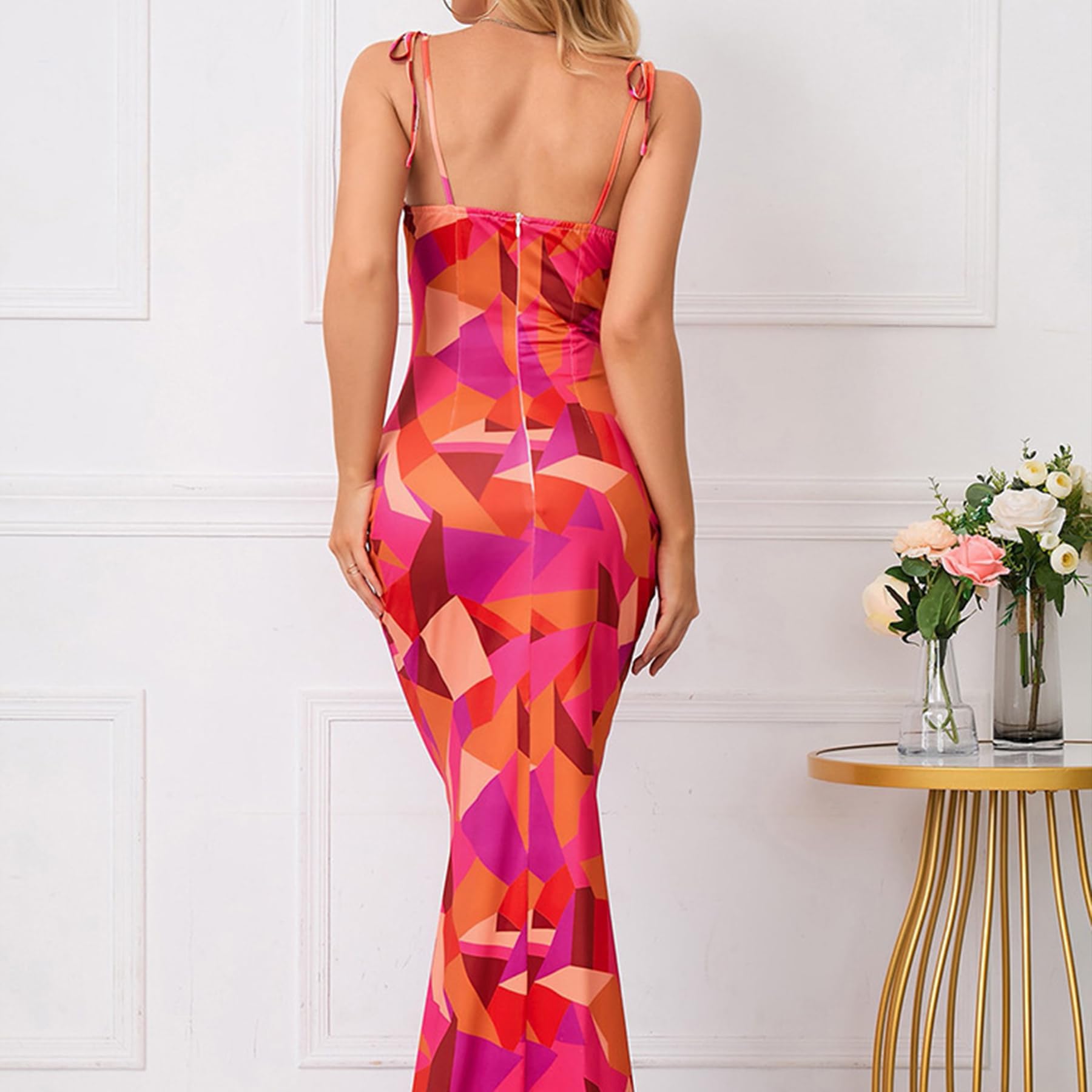 Vestido largo ajustado para mujer, de verano, casual, con tirantes delgados, sin mangas, espalda descubierta, vestido largo con abertura alta