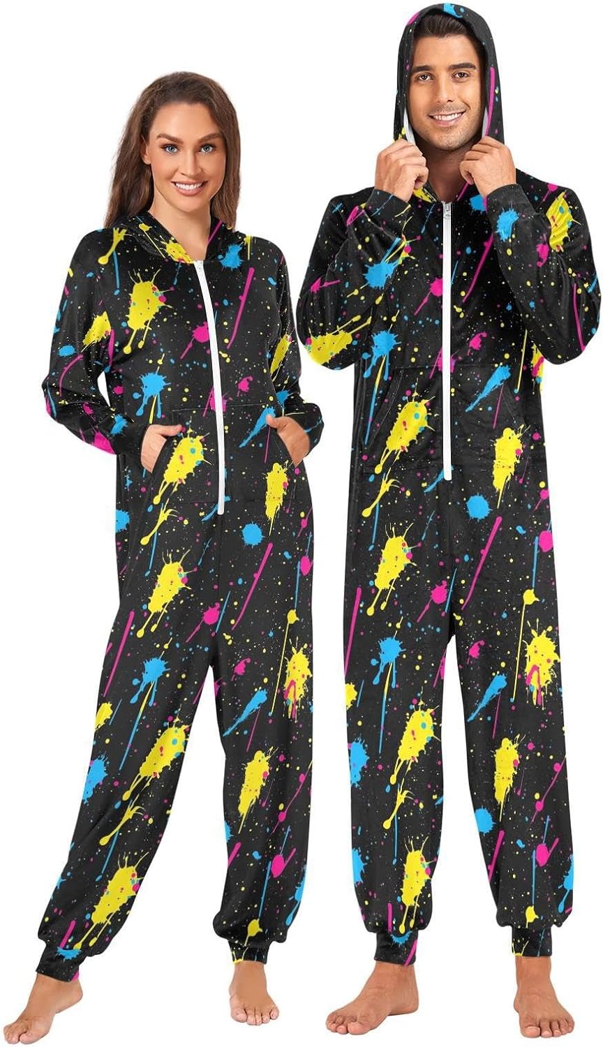ZZKKO Colorful Paint Splash Adult Onesie Pajamas for Women Men Cozy One Piece Pajamas Costume Zip-Up Hooded S-XL