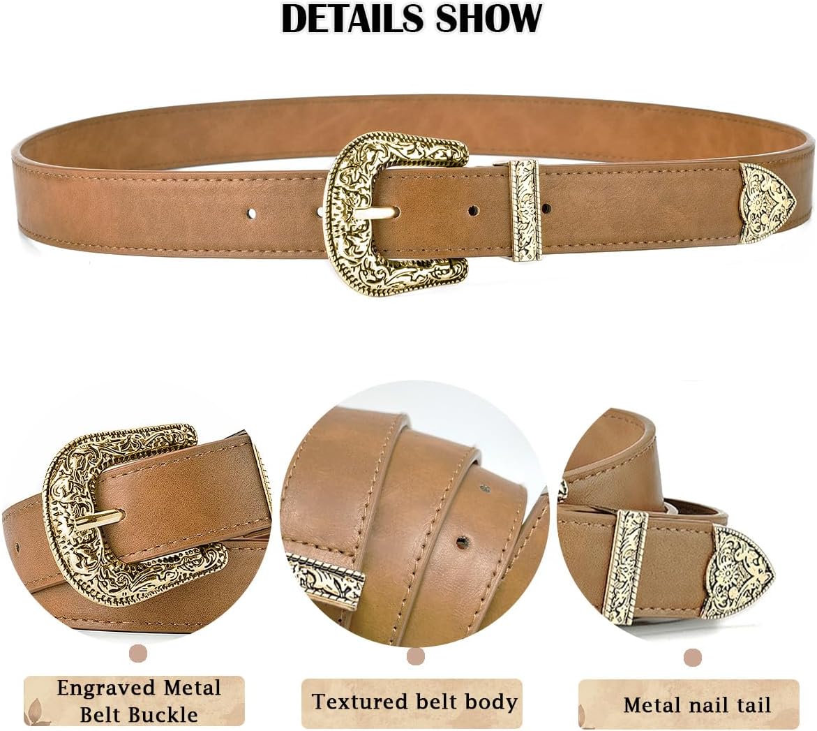 Western Cowboy Cowgirl Belt for Women, Engraved Buckle PU Leather Belt for Jeans Dresses, 1.1" Wide, 27-48" - Image 2