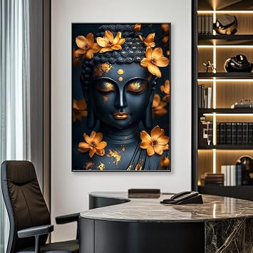 Floral Buddha Canvas Wall Art, Buddha Canvas Prints, Black and Gold Meditation Decor, Golden Flower Wall Art, Spiritual Posters, Wall Pictures for Living Room Black Framed, 24"x36" | 62x92cm