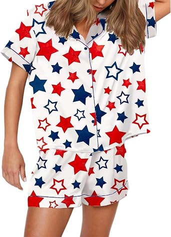 Piacakece 4th of July Women Outfit Short Sleeve Button Shirt Matching Shorts Satin Pajama Sets Women July Fourth Clothes