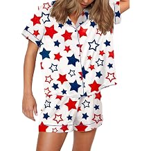 4th of July Outfit Women Satin Pajama Sets Short-Sleeve Button Shirt and Shorts 2 Piece July Forth Clothes Set