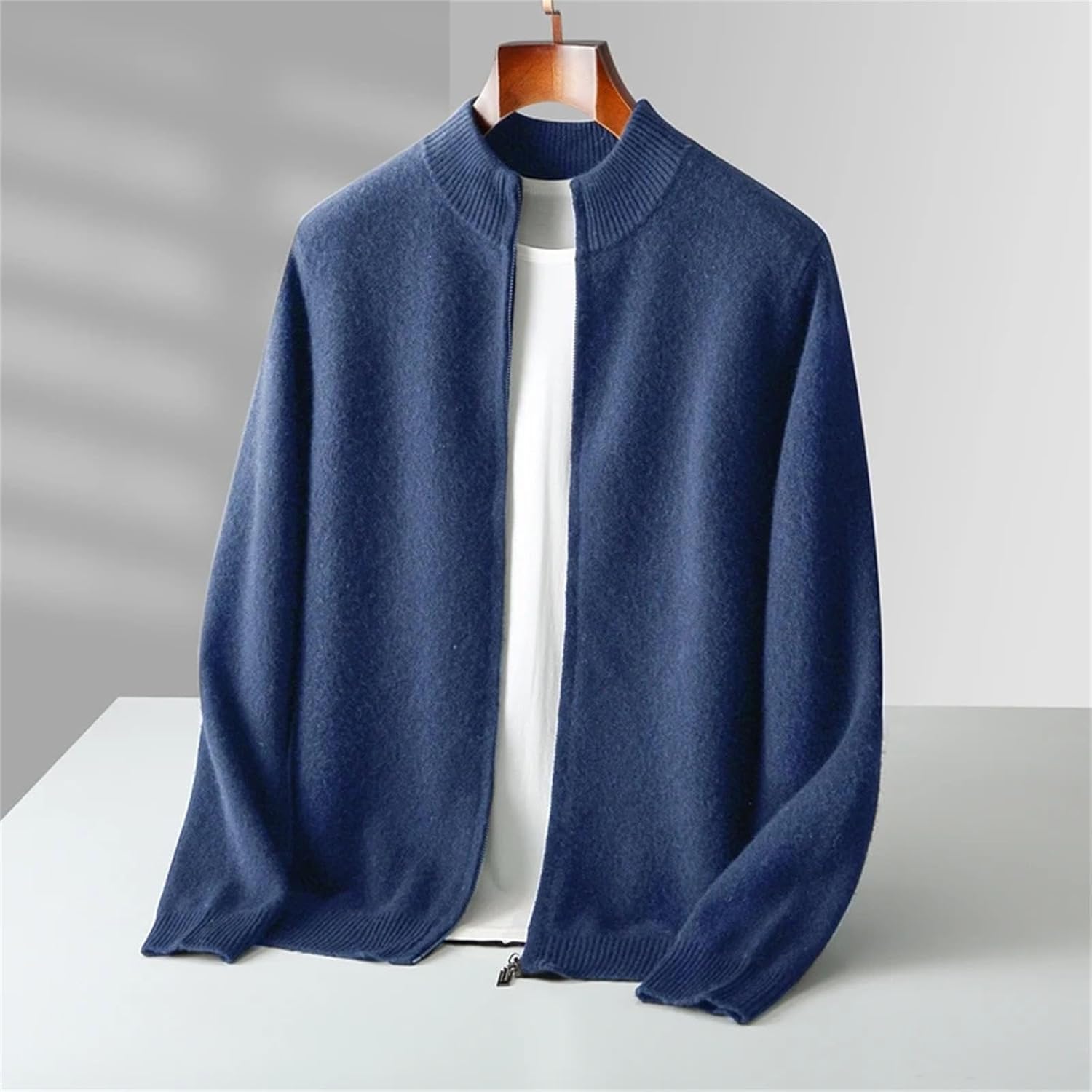 Men's Warm Wool Sweater Mock Collar Thickened Zippered Cardigan Cashmere Knitted Long Sleeve Tops