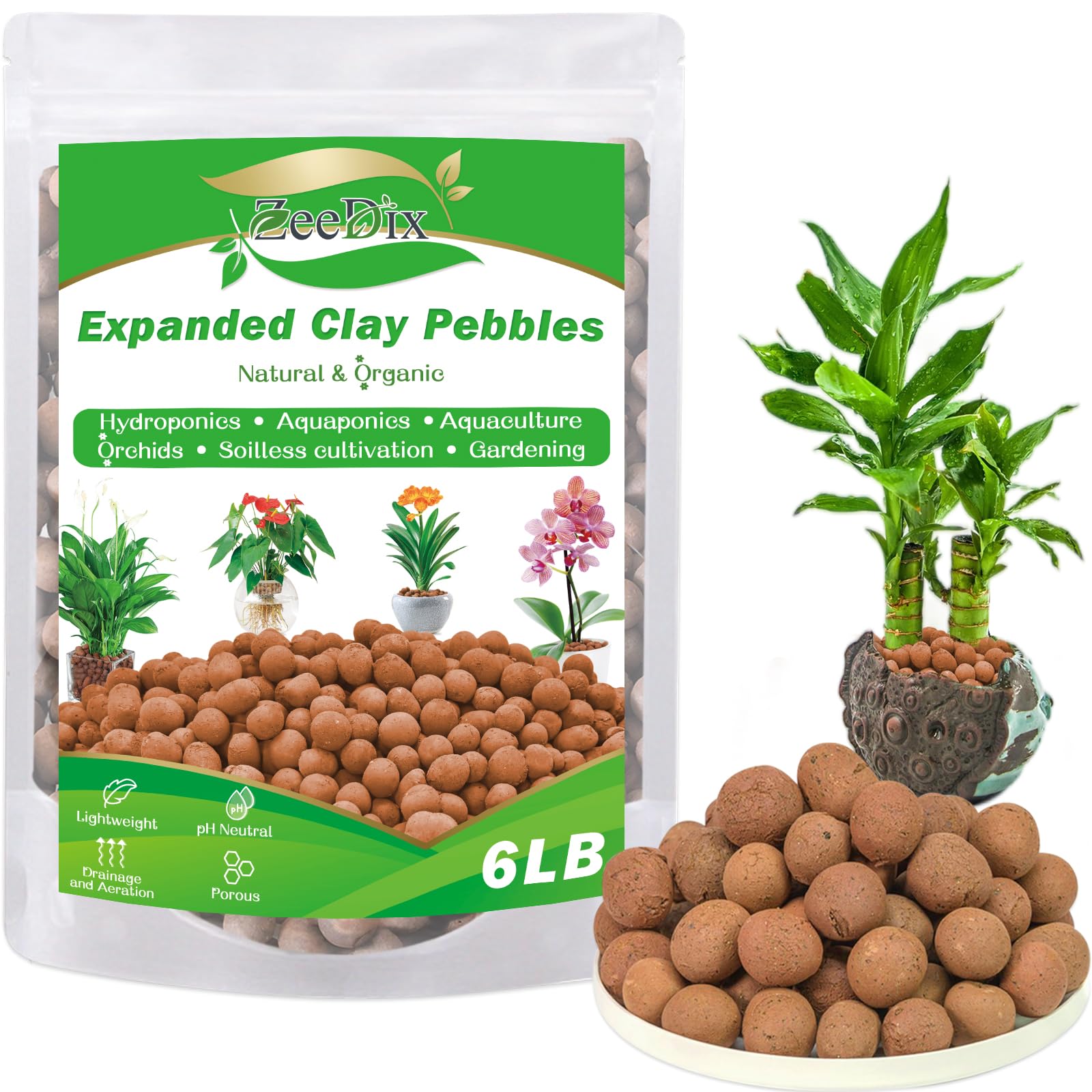 ZeeDix 6LBS Clay Balls for Plants, 4mm-16mm Expanded Clay Pebbles Natural Organic Orchid Growing Medium Clay Leca Balls for Indoor Plants, Hydroponic, Gardening, Orchids, Decoration, Aquaponics