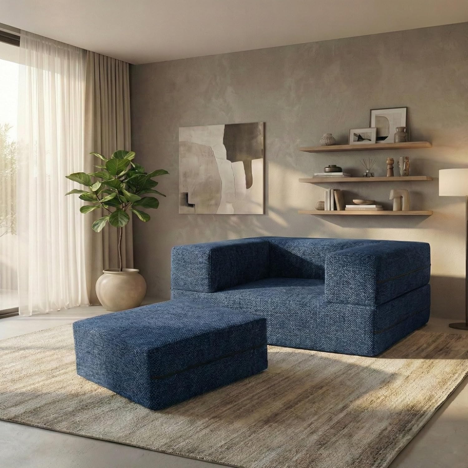 C-Type Sofa Bed 3x6 Ft with Pouffe – Jute Fabric Convertible Floor Sofa Cum Bed with Wide Arm Support for Living Room & Guest Room, Office - Blue Color-image-38