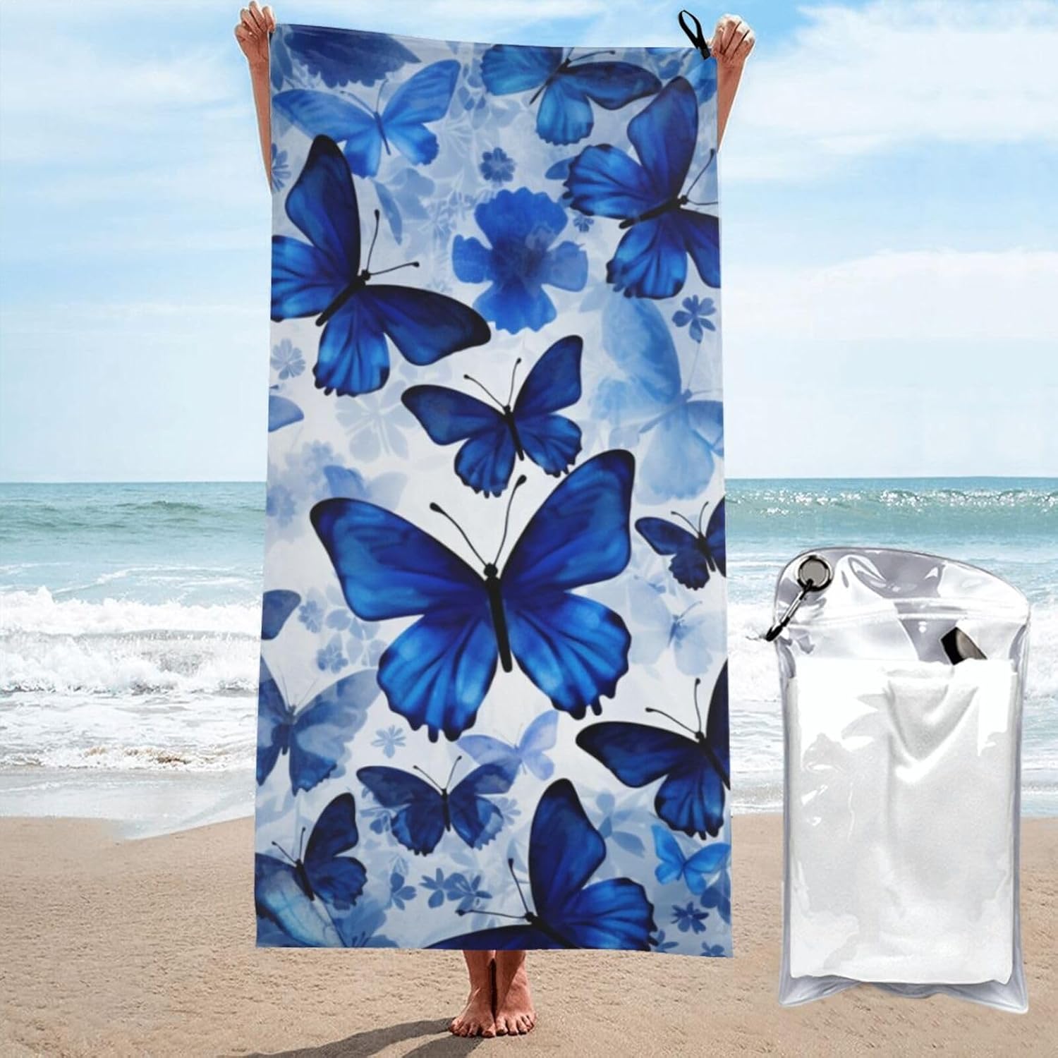 KHiry Microfiber Towel Beach Towels Blue Butterflies Quick Dry Towel Soft Lightweight Travel Towels Absorbent Large Easy Pack Travel Things Beach Blanket for Gym Sports Swimming
