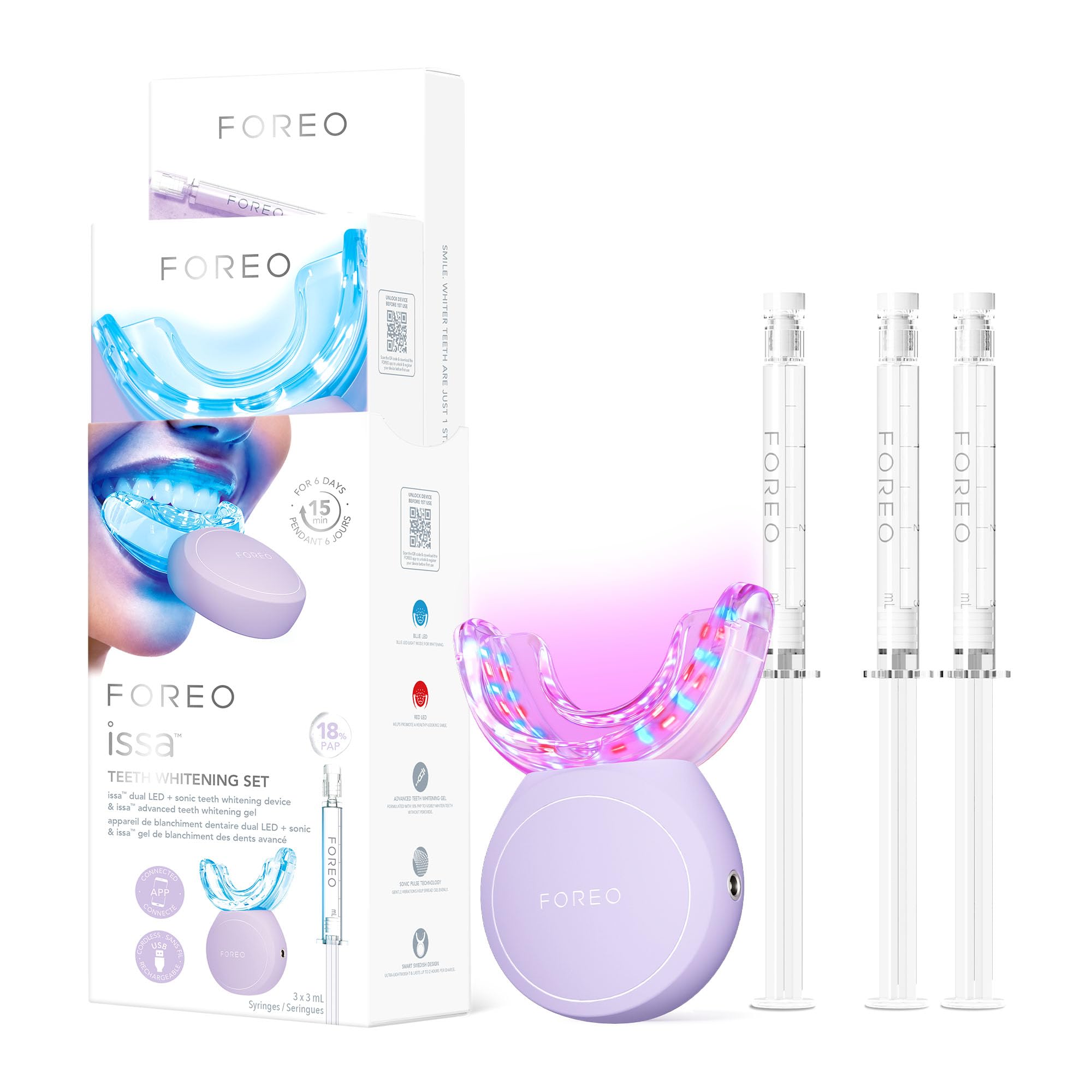 FOREO Issa Zahnaufhellungs-Set, Dual LED + Sonic-Gerät & 18% PAP-Gel