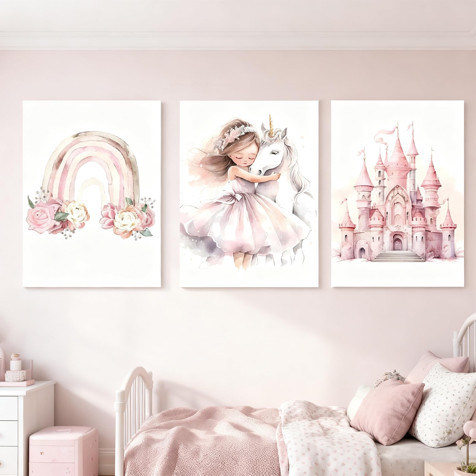 Zamety Nursery Prints, 3-Piece Wall Prints for Baby Nursery Decor, A4 Pink Posters, Unicorn, Castle and Rainbow Pictures, Posters for Bedroom Girls and Kids Room, Without Frame — image 1