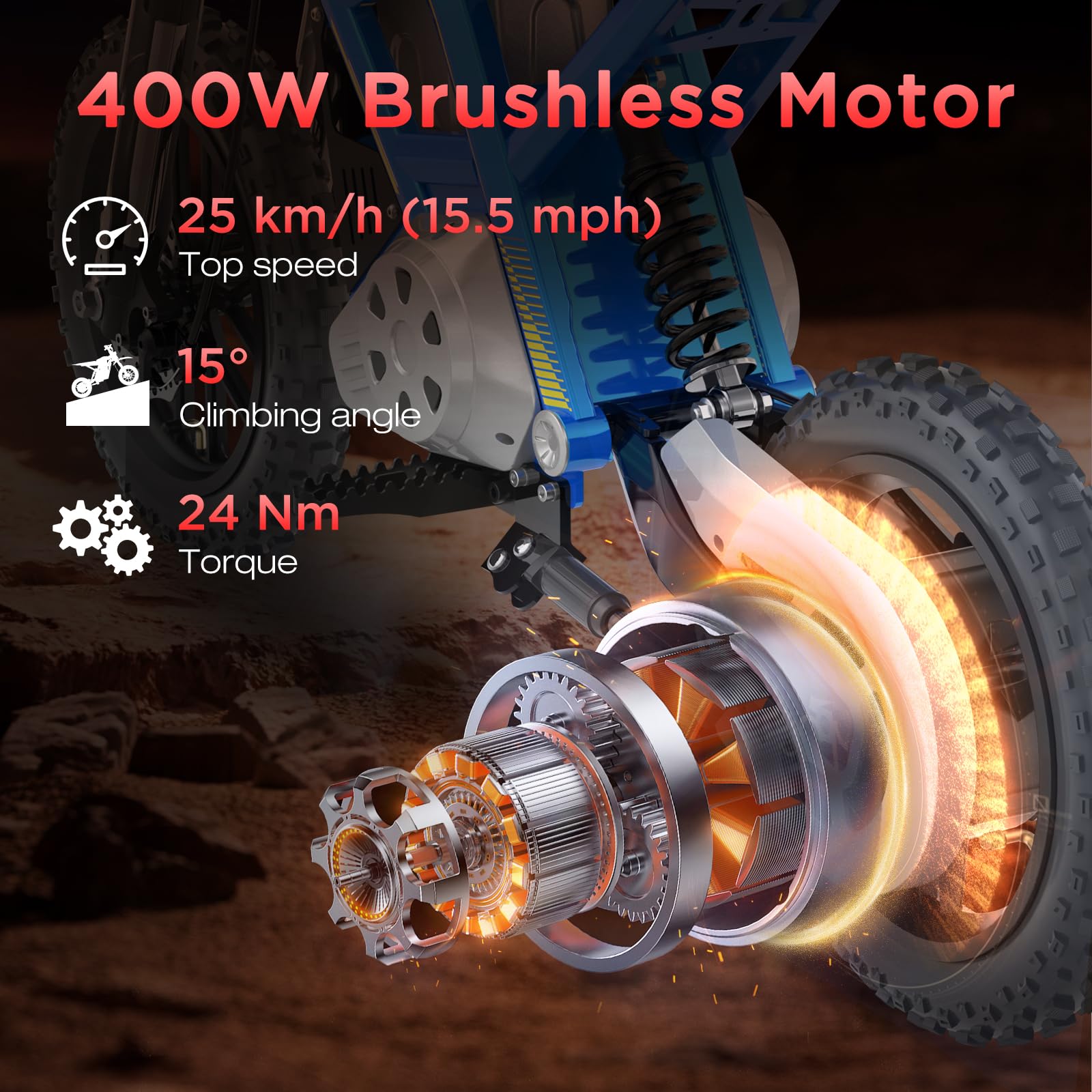 HITWAY Moto Cross elettrico bambino 14" – Motore 400 W, Batteria 36 V 10,4 Ah, 3 velocità (10/15/25 km/h), Autonomia 30-45 km, Doppia sospensione, Pneumatici per tutto il terreno, da 8 anni