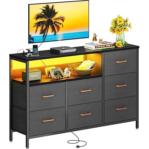 AODK TV Stand with LED Lights and Power Outlet, Long TV Stands for Living Room with 7 Large Storage Drawers and Shelves, Fabric TV Stand with Sturdy Frame and Wooden Top, Black